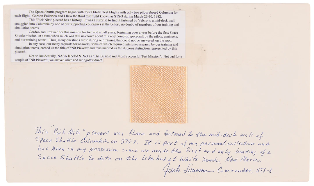 STS-3 Flown "Pick Nits" 'Gotcha' Cue Card - From the Personal Collection