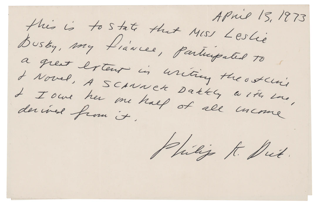 Philip K. Dick Autograph Document Signed on the Co-Authorship of A