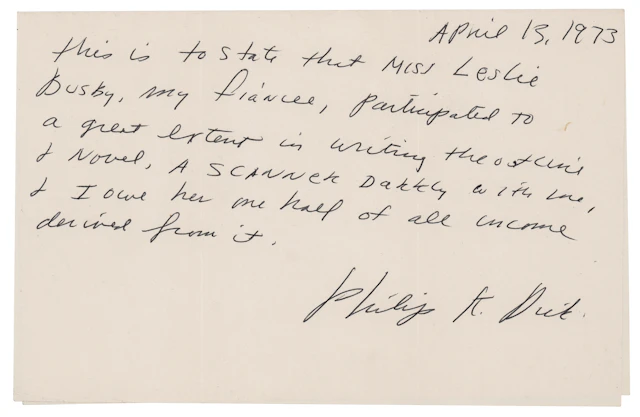 Philip K. Dick Autograph Document Signed on the Co-Authorship of A