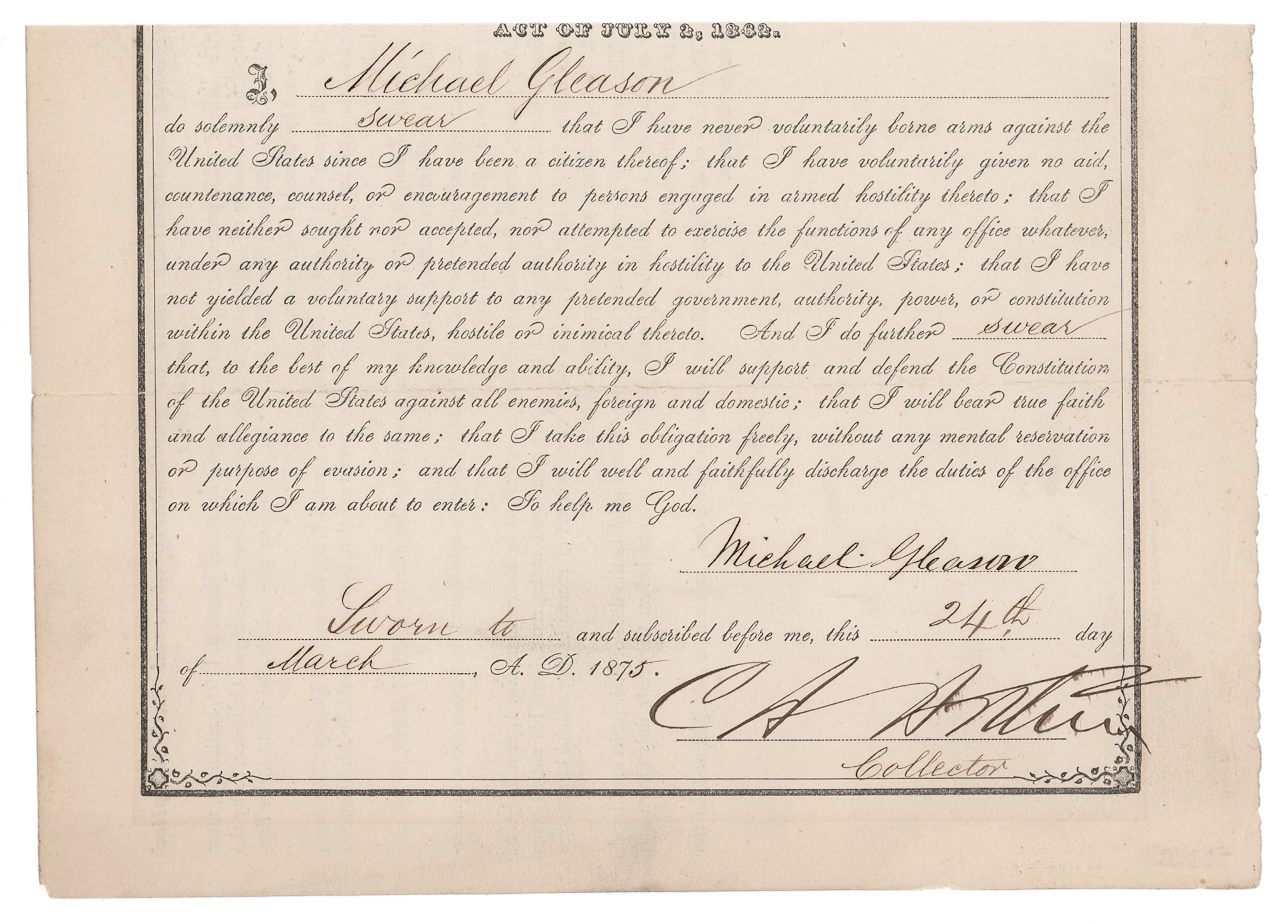 Chester A. Arthur Document Signed as Collector of the Port of New York