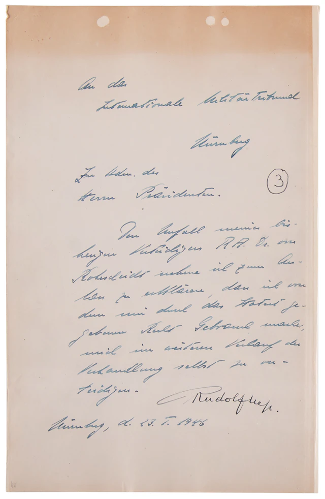 Rudolf Hess Letter Signed at Nuremberg, Demanding to Represent Himself at Trial