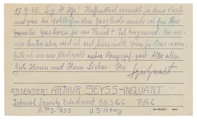 Arthur Seyss-Inquart Autograph Letter Signed as Prisoner of War: "Have