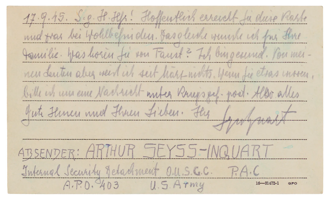 Arthur Seyss-Inquart Autograph Letter Signed as Prisoner of War: "Have