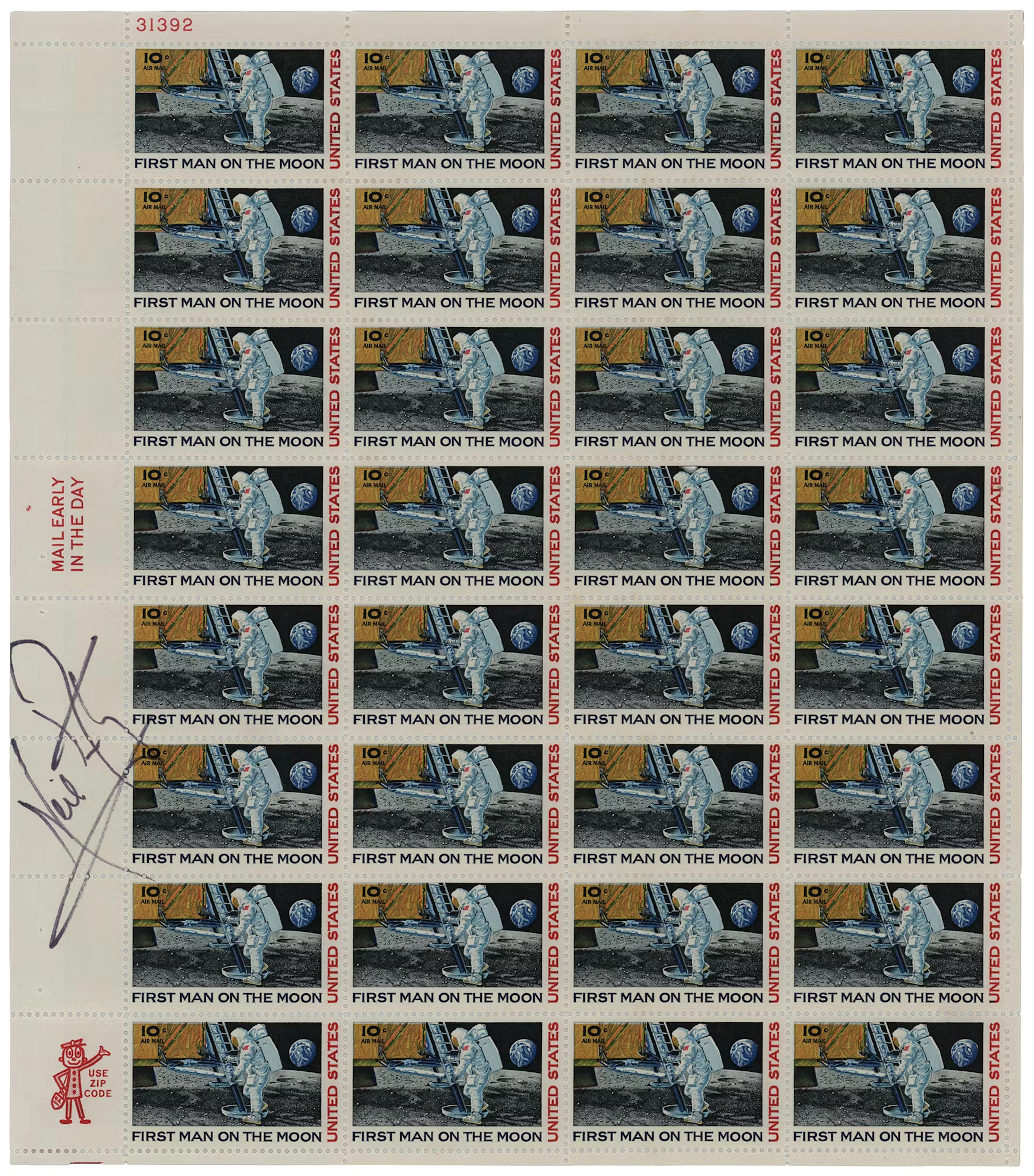 Neil Armstrong Signed 'First Man on the Moon' Stamp Sheet