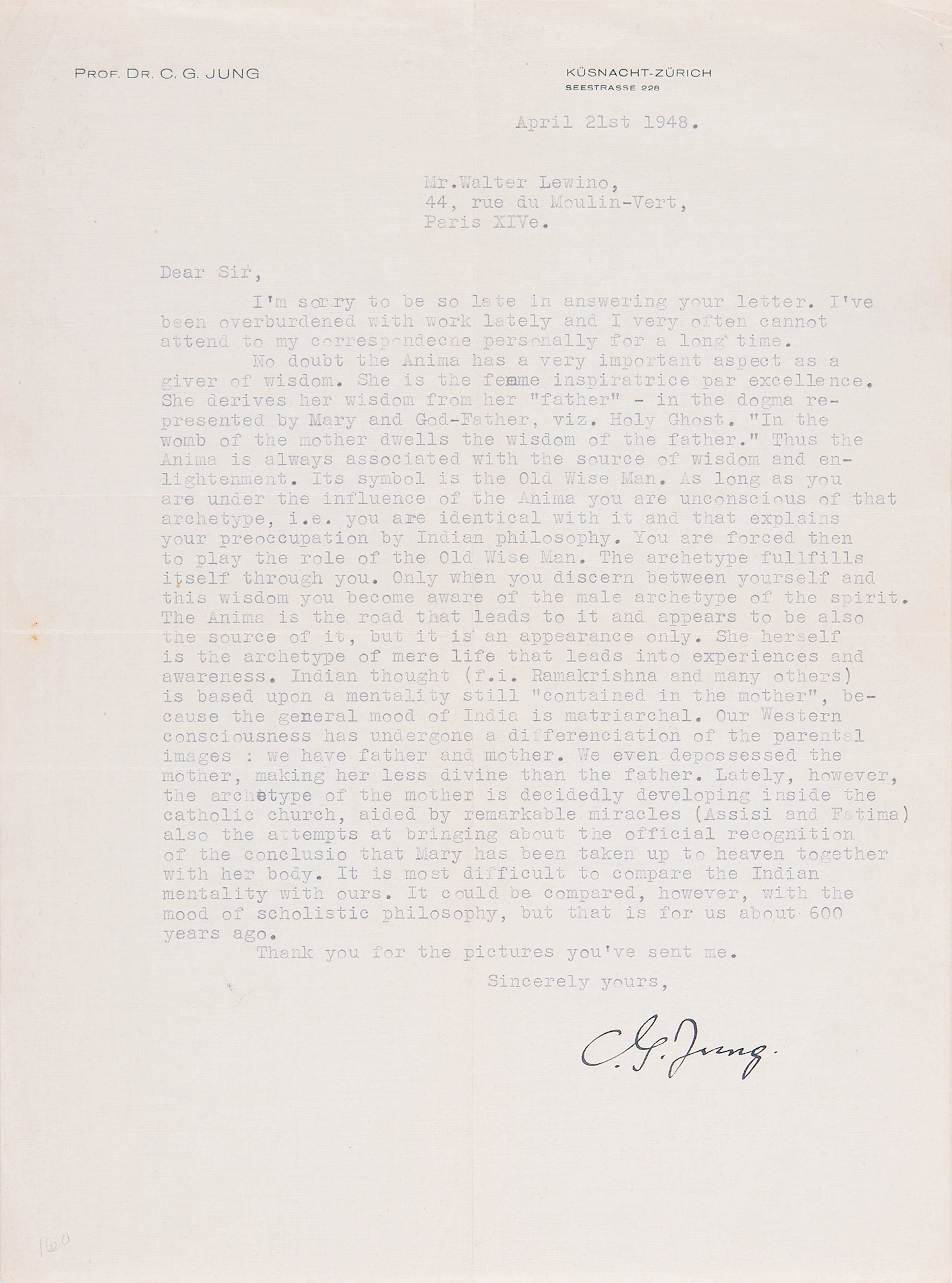 Carl Jung Typed Letter Signed on Eastern and Western Philosophy: "The