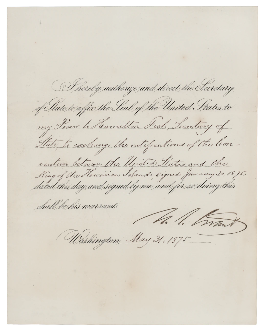 U.S. Grant Document Signed as President for a "Convention between