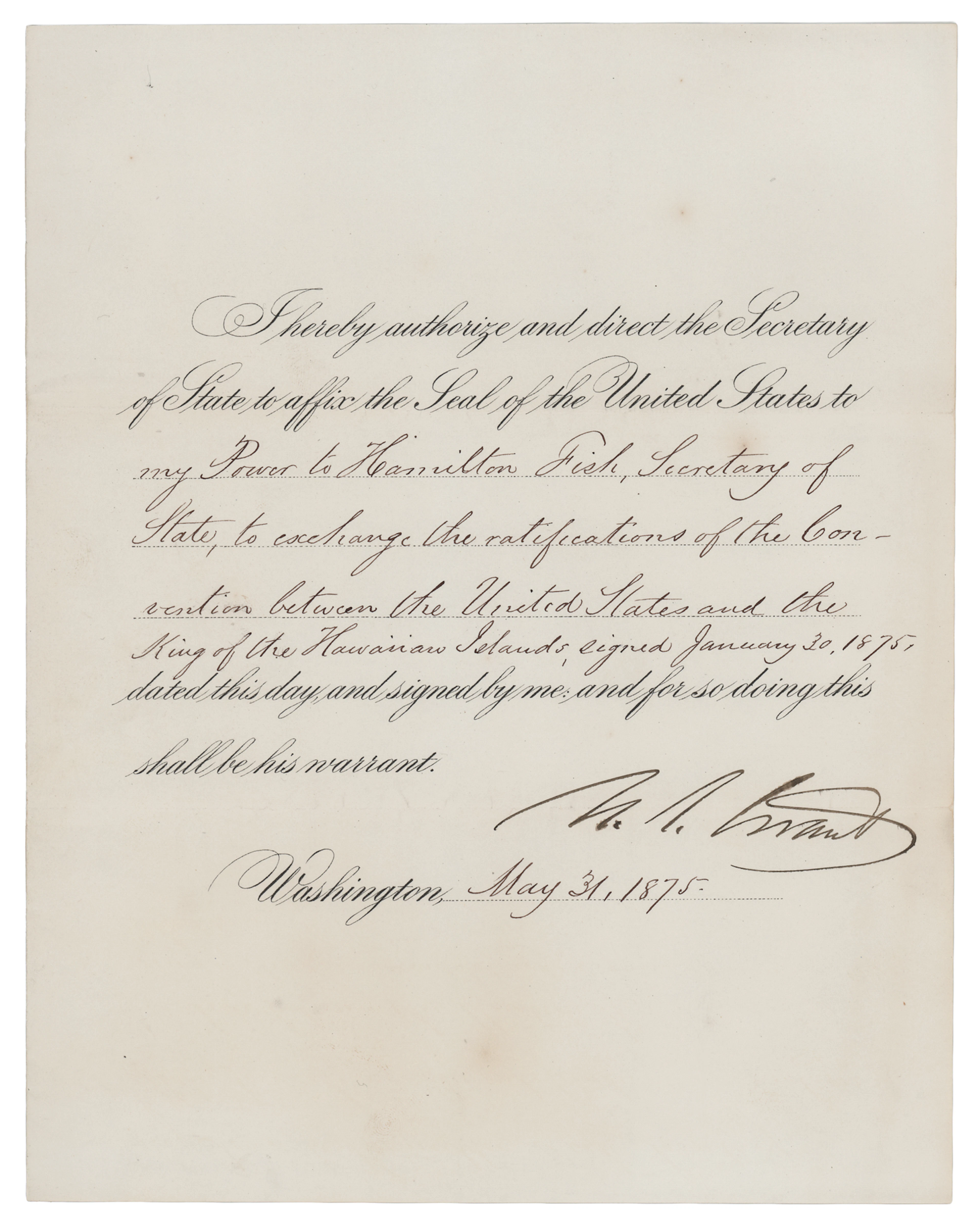 U.S. Grant Document Signed as President for a "Convention between