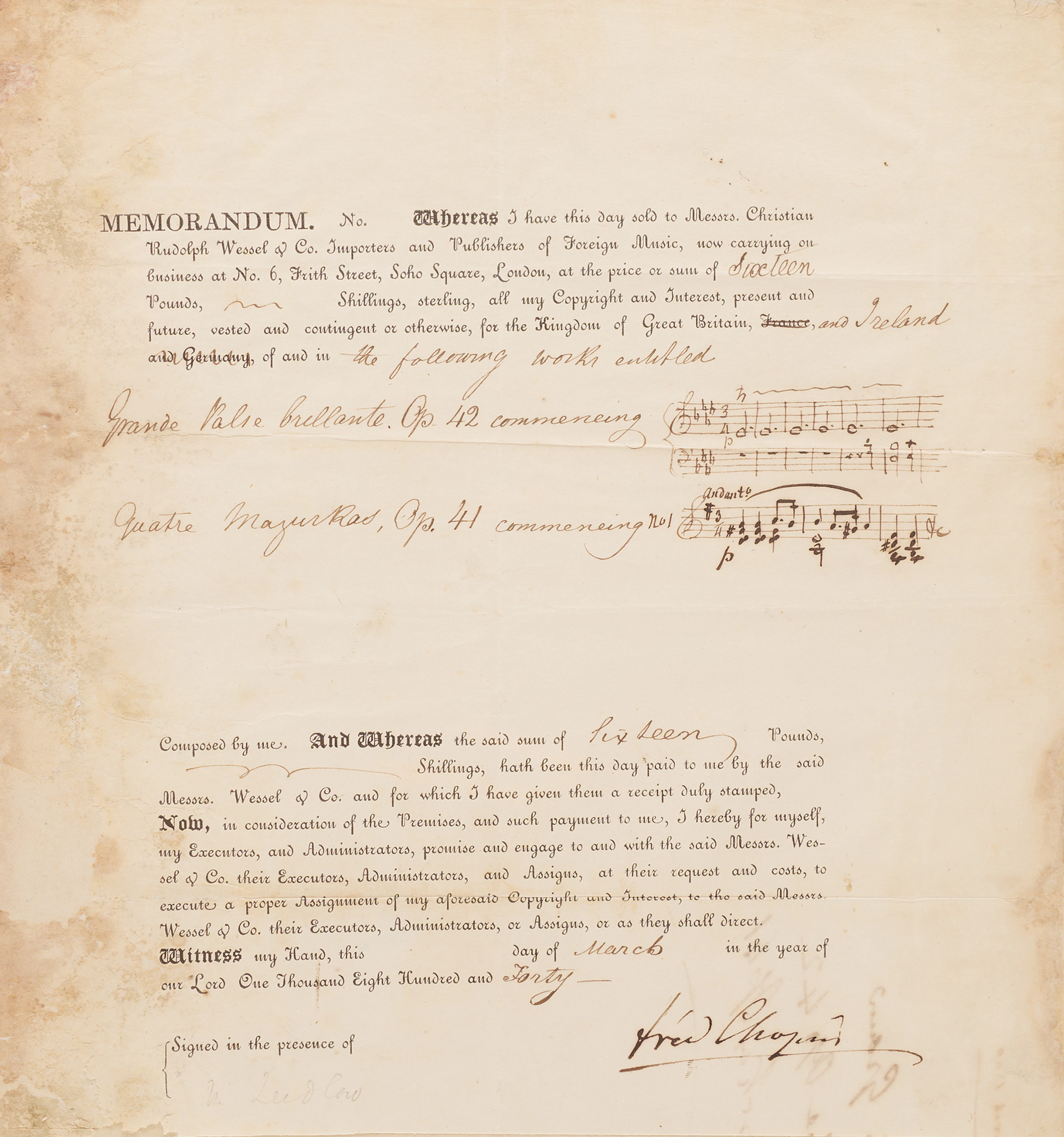 Frederic Chopin Document Signed - Selling Copyrights to 'Quatre Mazurkas