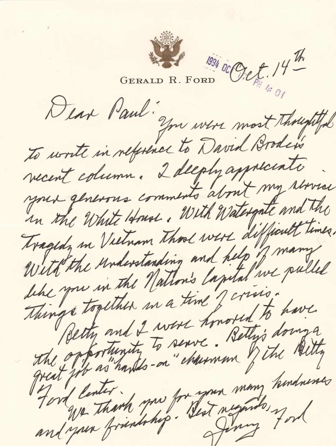 Gerald Ford Autograph Letter Signed on His Presidency: "With Watergate