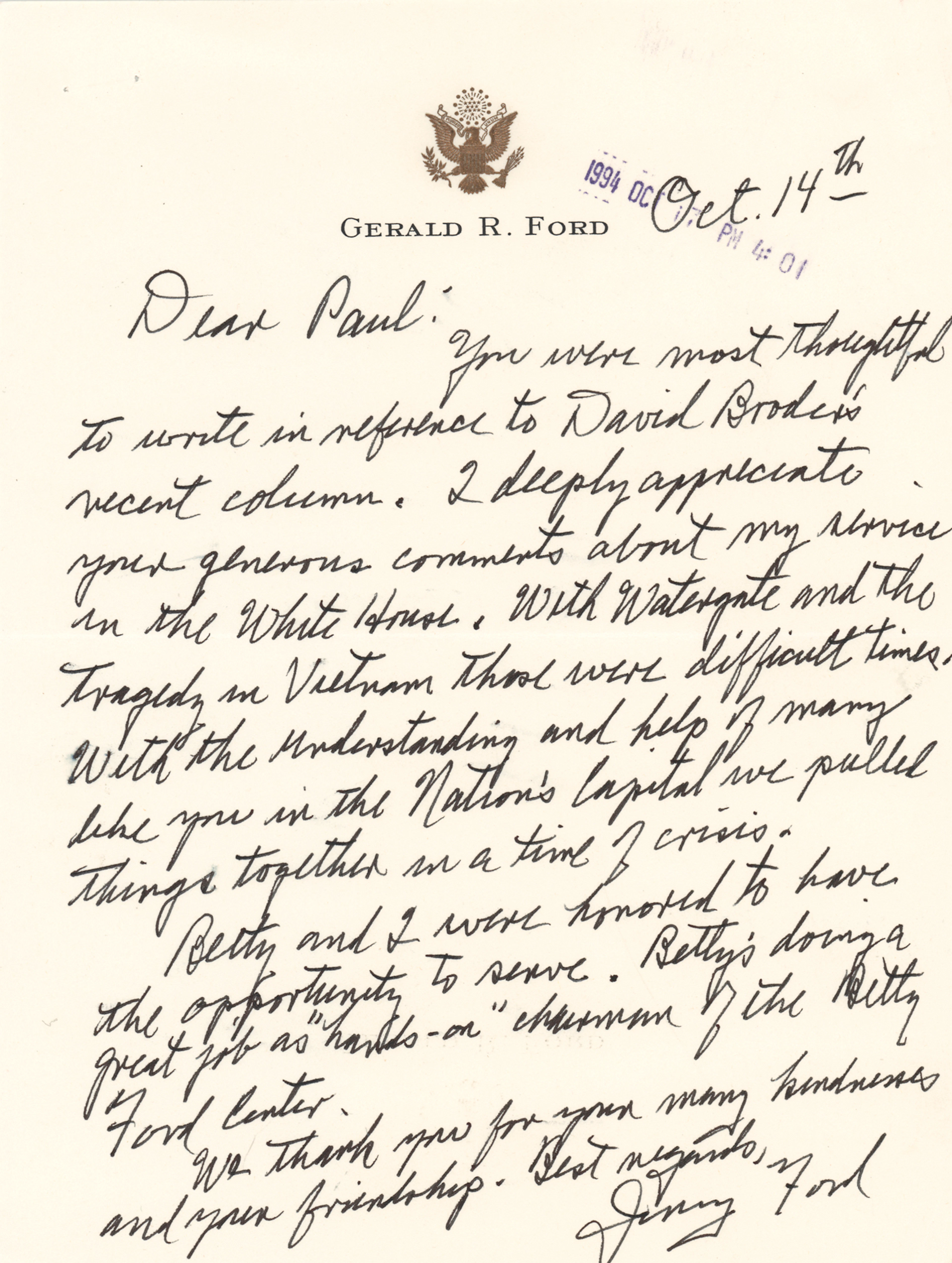 Gerald Ford Autograph Letter Signed on His Presidency: "With Watergate