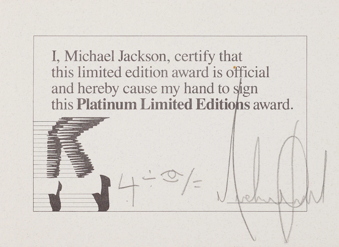 Michael Jackson Signed Platinum Limited Editions Award Certificate