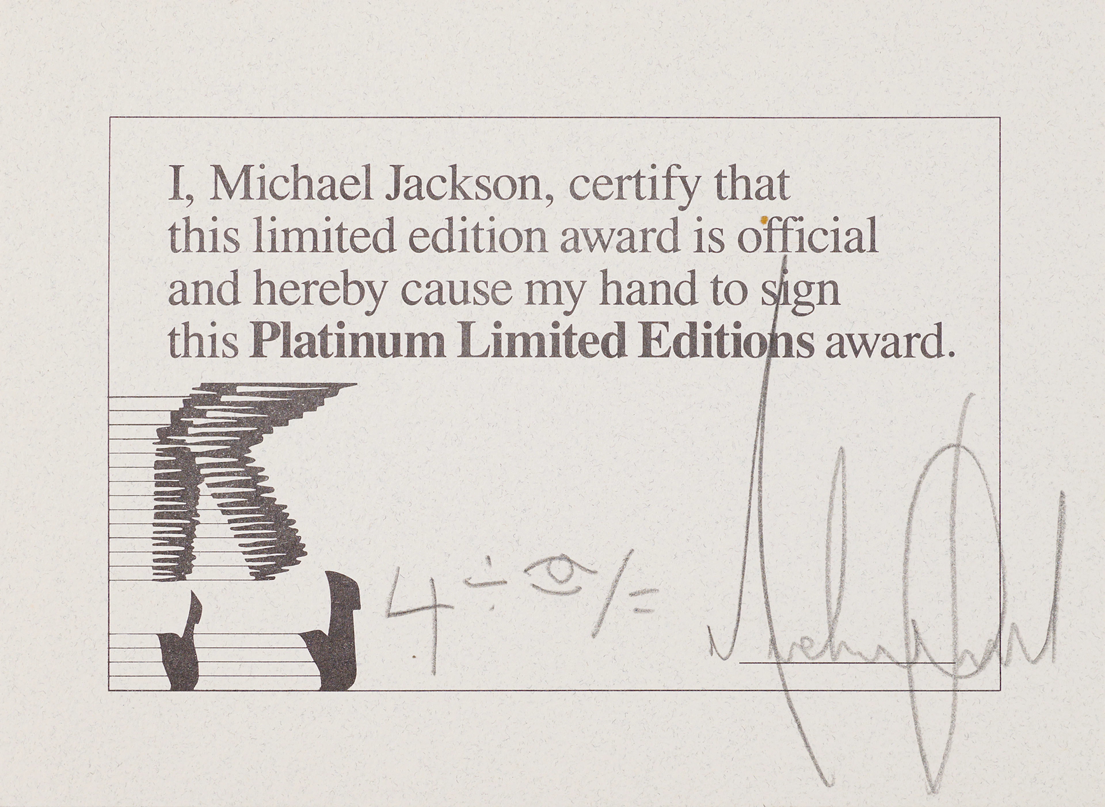 Michael Jackson Signed Platinum Limited Editions Award Certificate