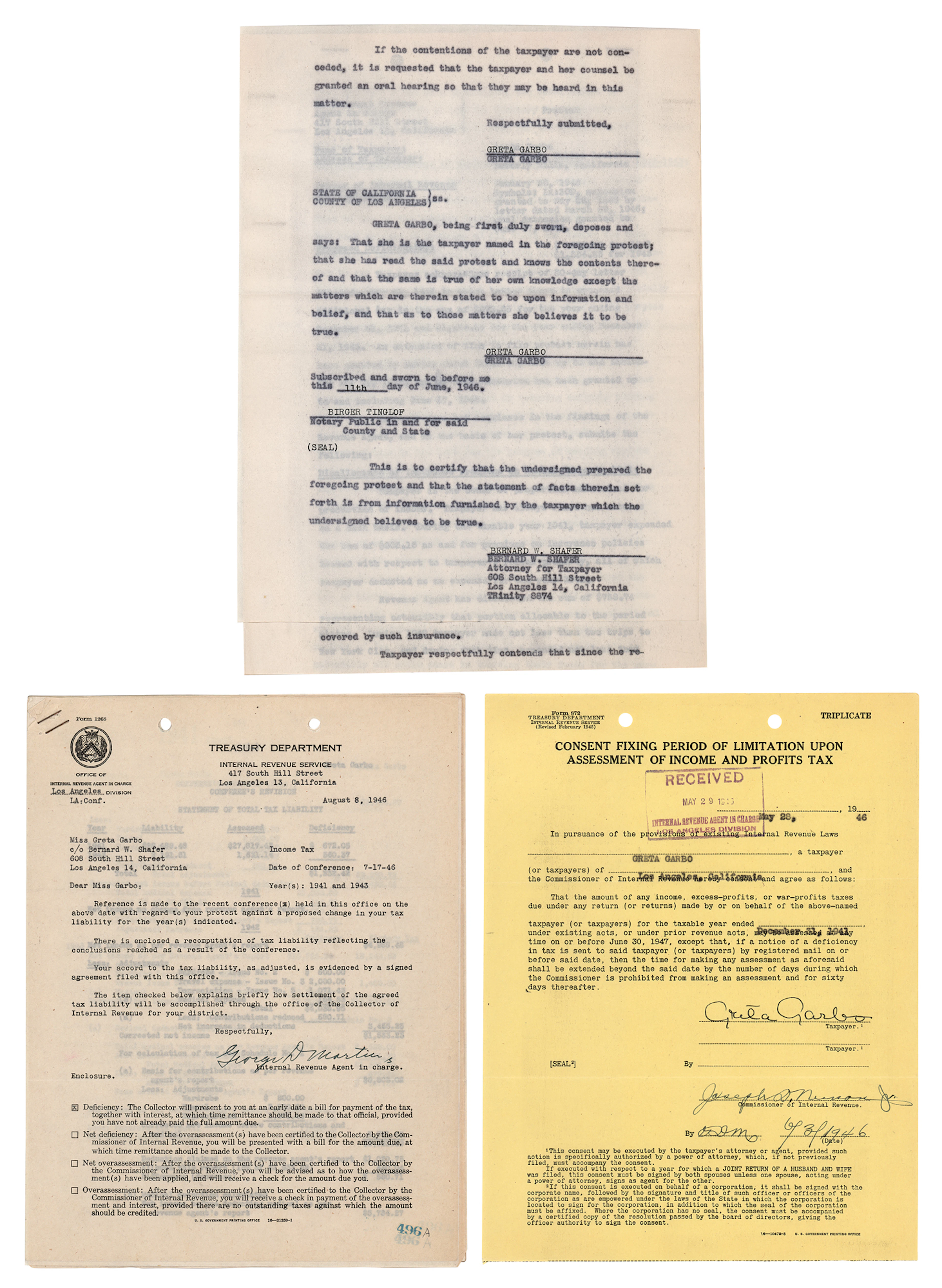 Greta Garbo Document Signed to IRS