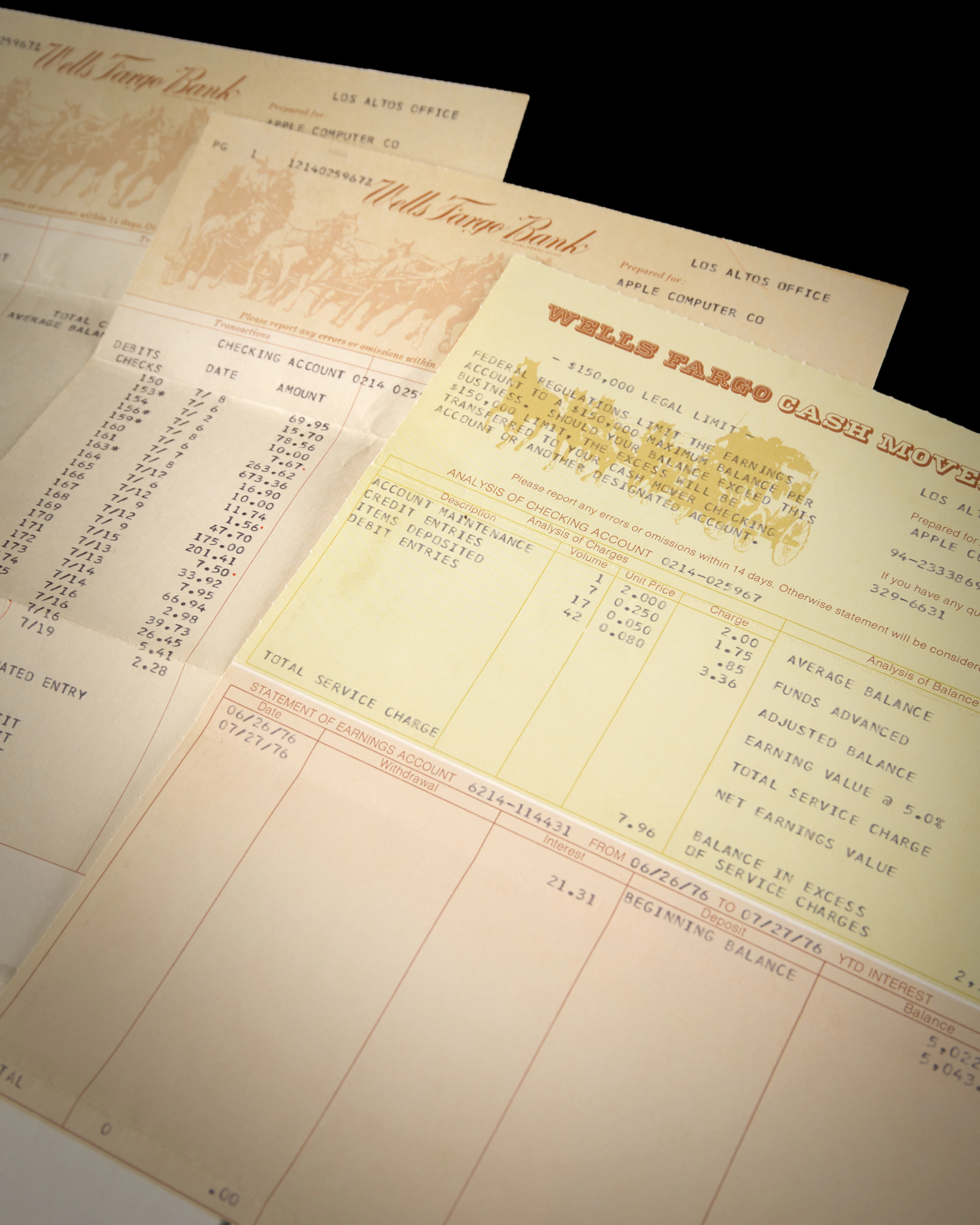 Steve Jobs: July 1976 Wells Fargo Account Statements for Apple Computer
