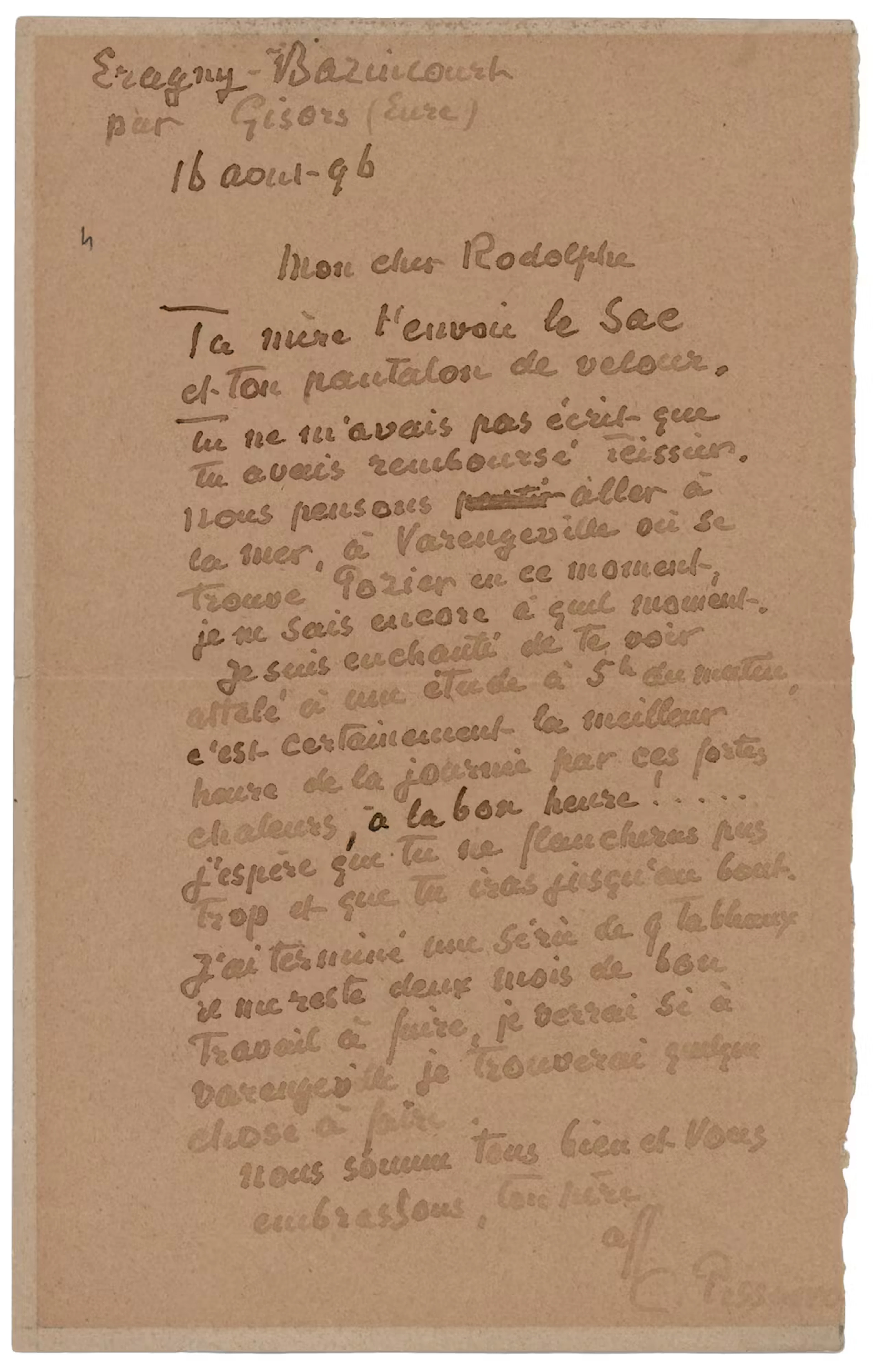 Camille Pissarro Autograph Letter Signed to His Son: "I have finished