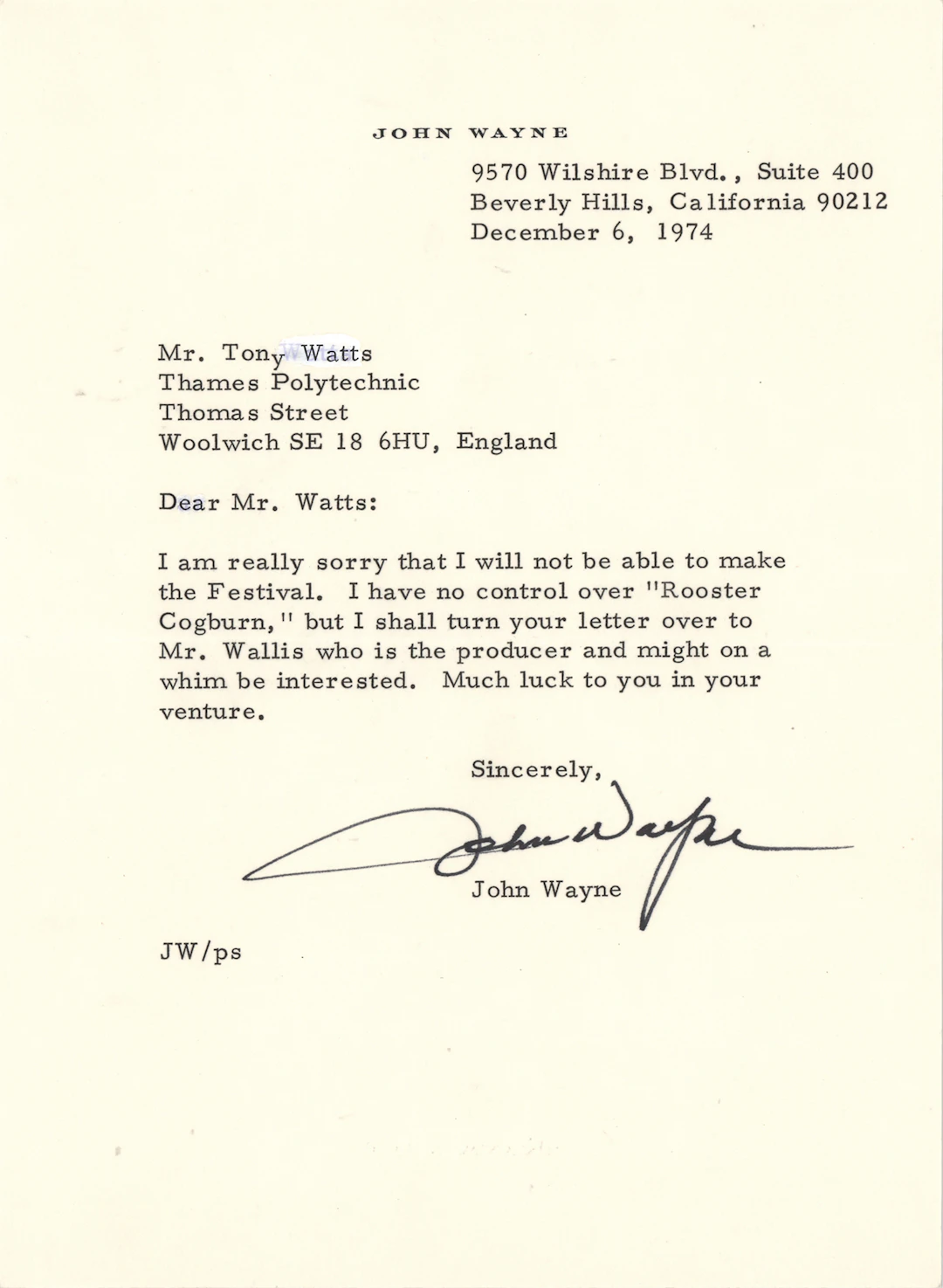 John Wayne and Hal B. Wallis (2) Typed Letters Signed - "I have no
