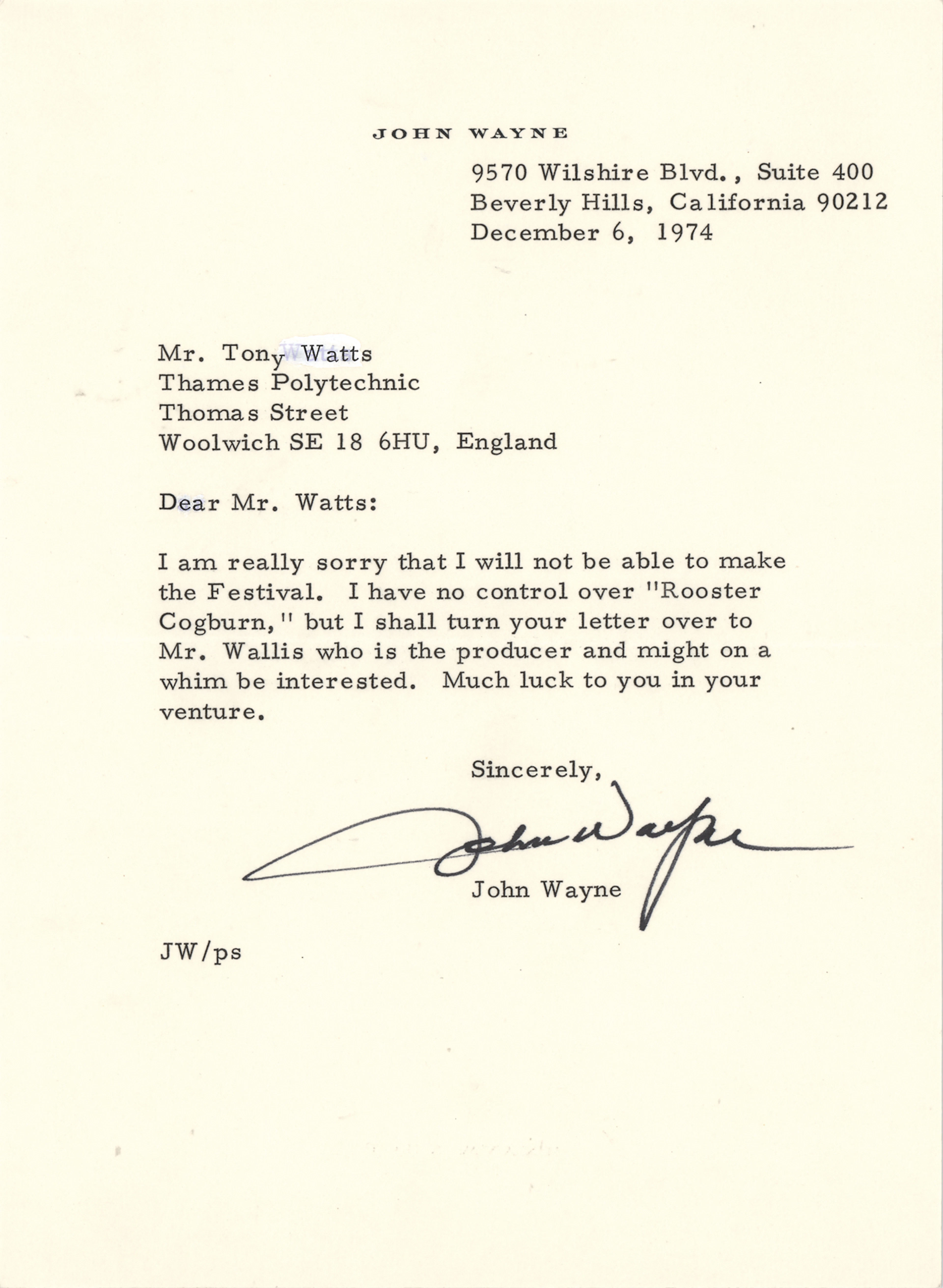 John Wayne and Hal B. Wallis (2) Typed Letters Signed - "I have no