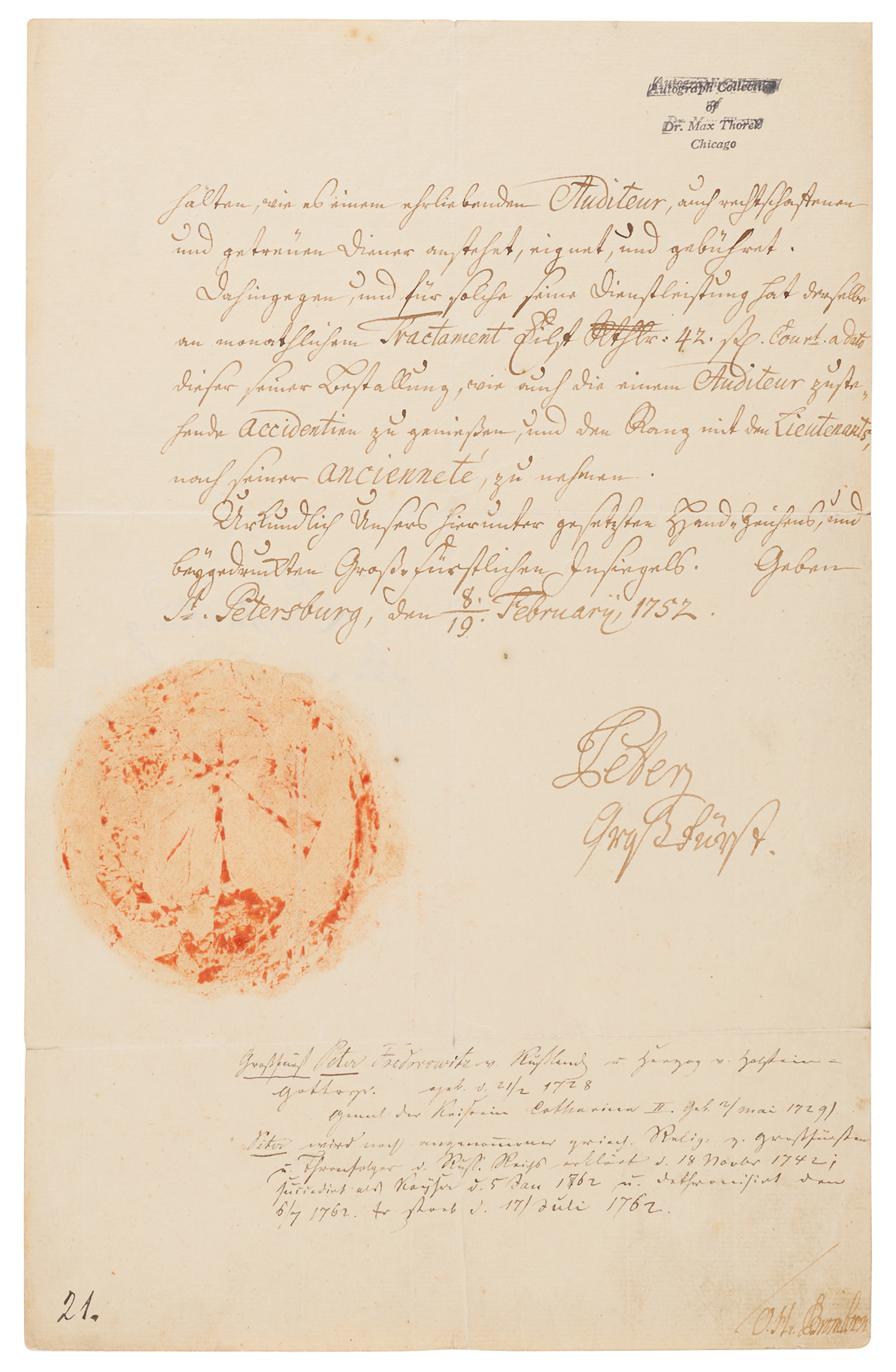 Peter III of Russia Document Signed, Granting a Military Promotion