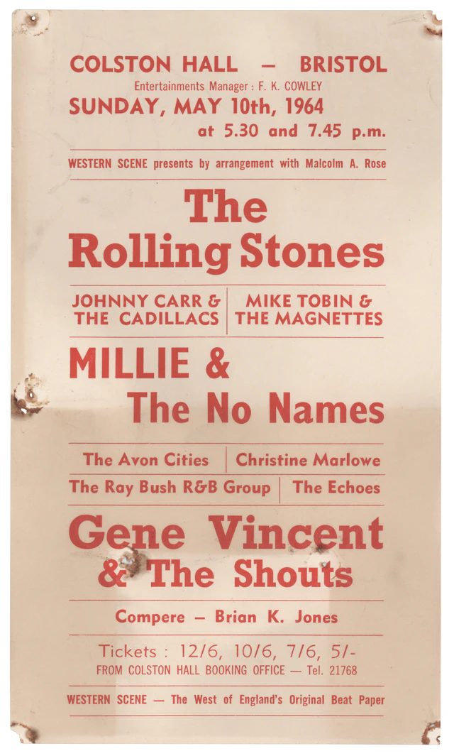 Rolling Stones and Gene Vincent 1964 Concert Handbill (Colston Hall, Bristol)