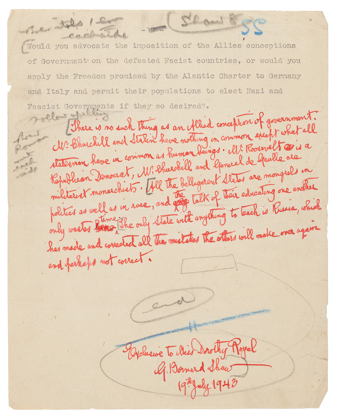 George Bernard Shaw Autograph Manuscript Signed on "an Allied conception