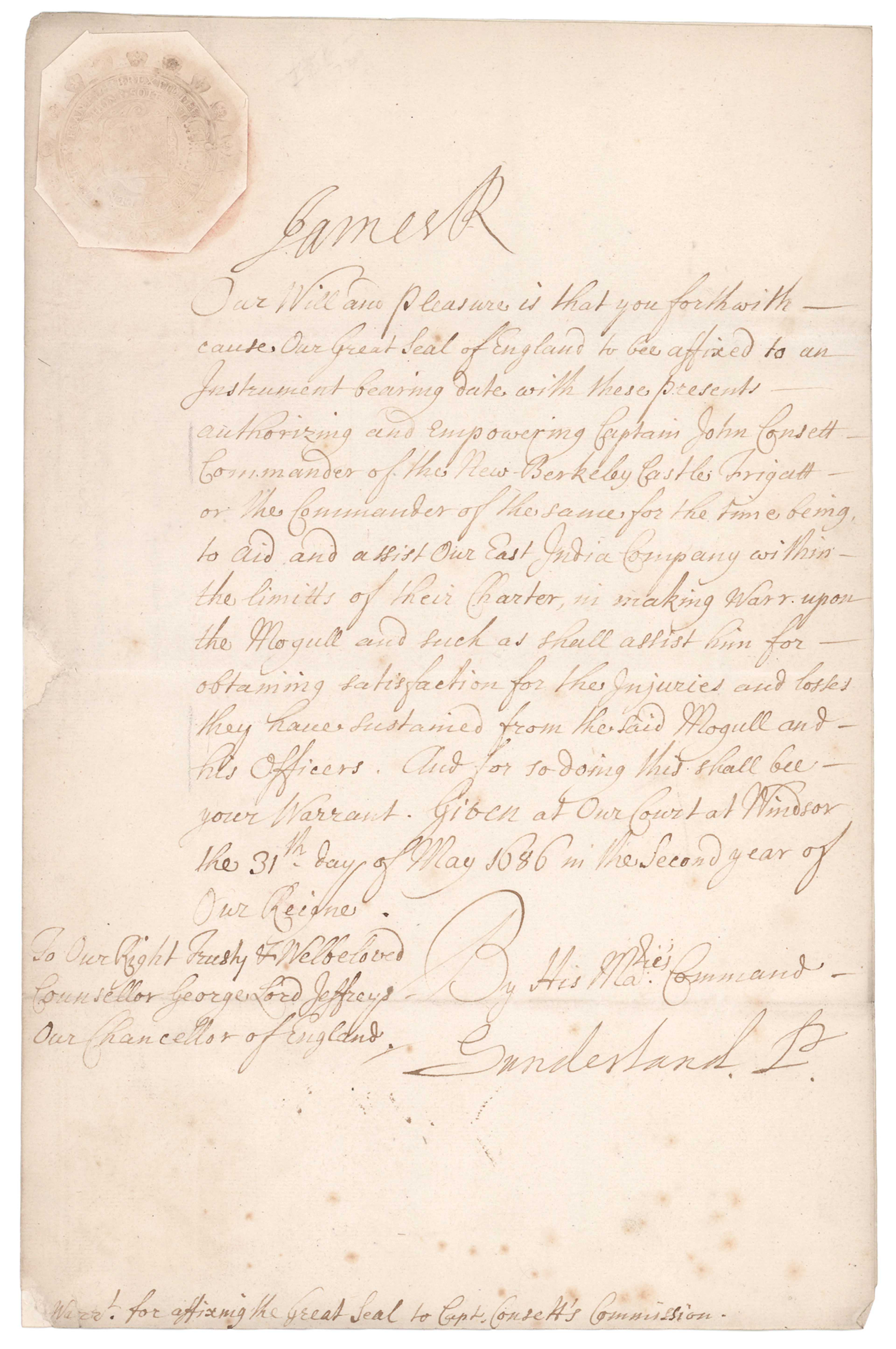 King James II Document Signed, Authorizing Naval Action in the Anglo-Mughal War