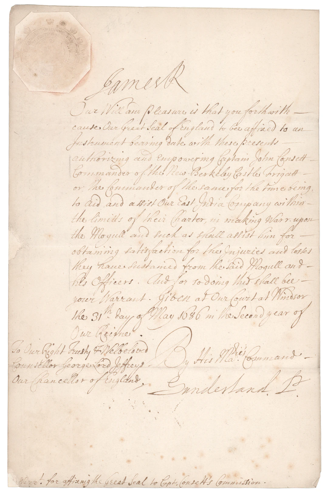 King James II Document Signed, Authorizing Naval Action in the Anglo-Mughal War