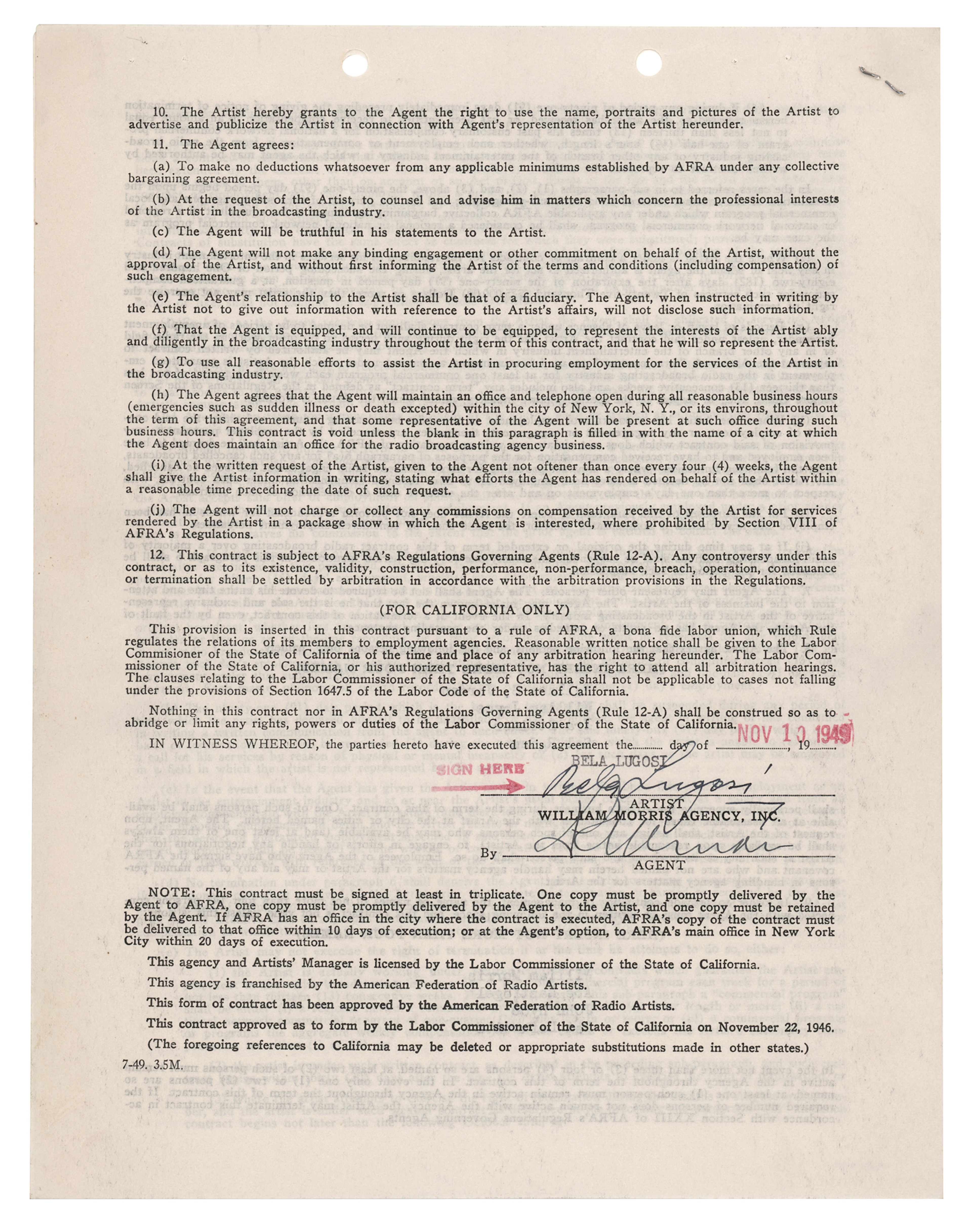 Bela Lugosi Document Signed
