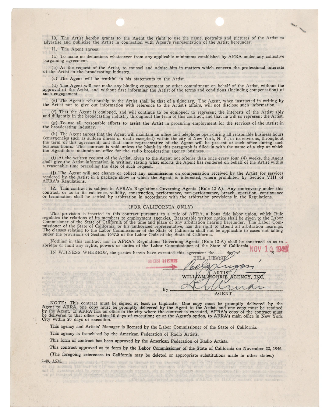 Bela Lugosi Document Signed