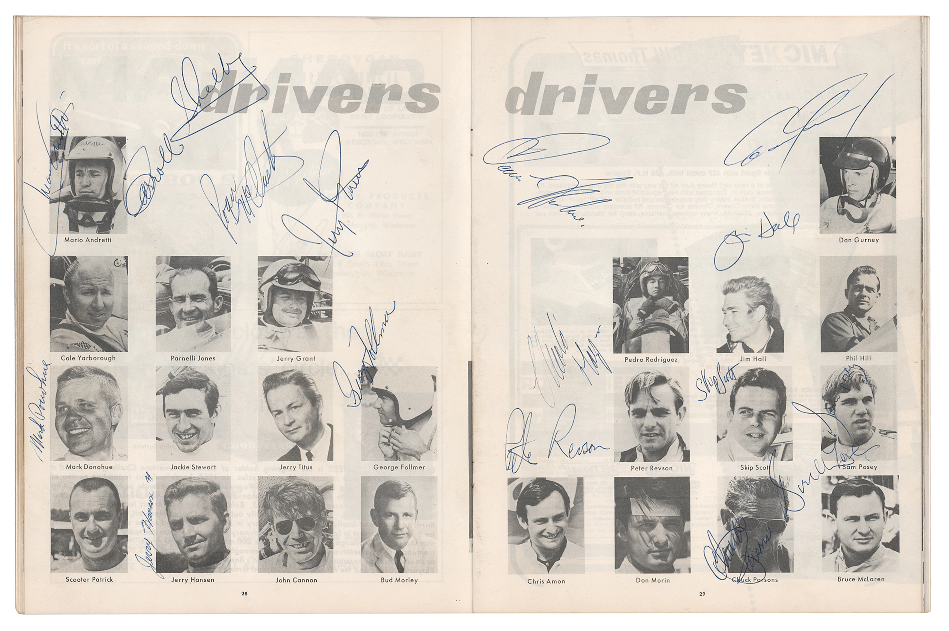 Mark Donohue, Carroll Shelby, Bruce McLaren, Mario Andretti, and Auto