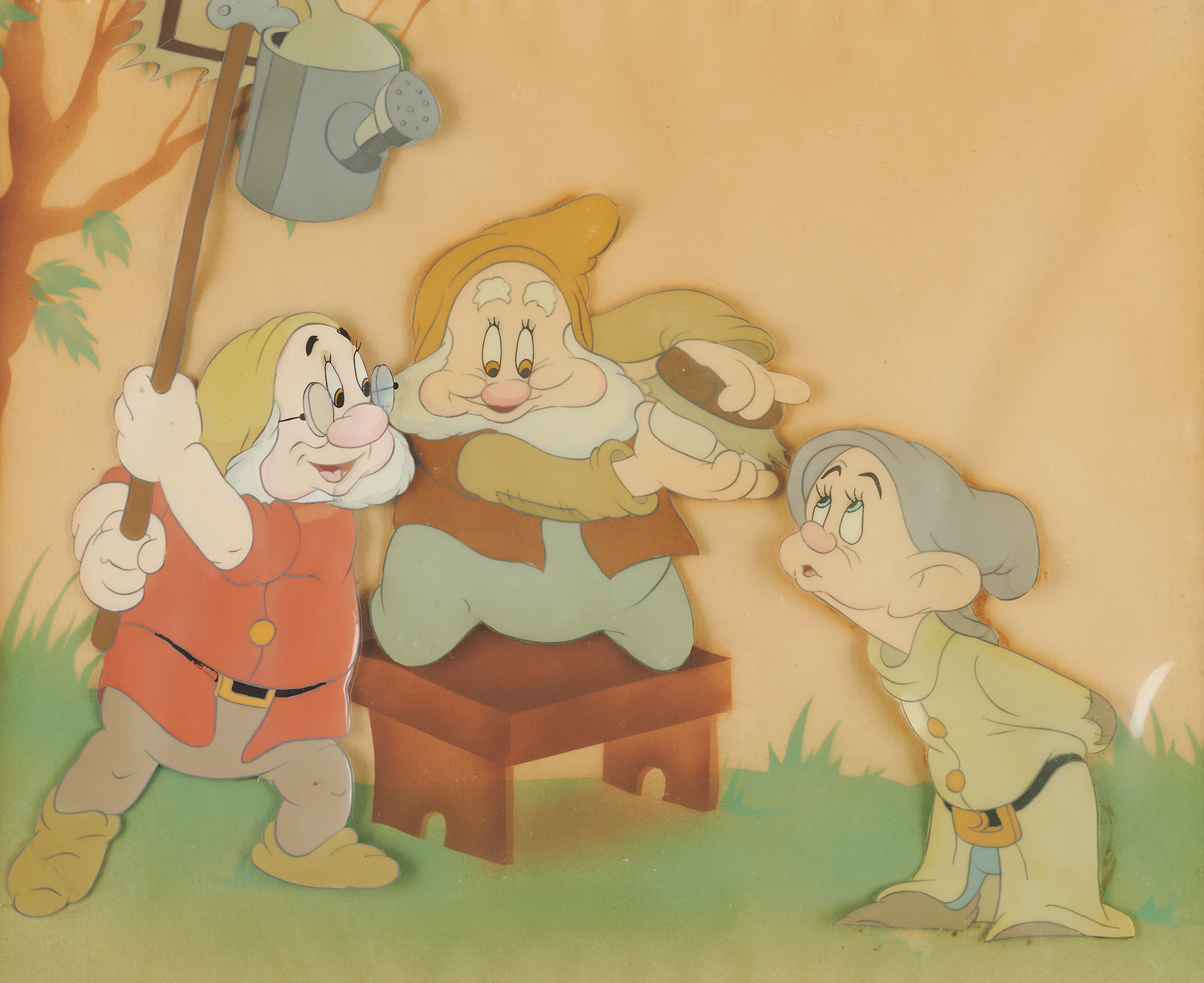 Doc, Happy, and Dopey production cel from Snow White and the Seven