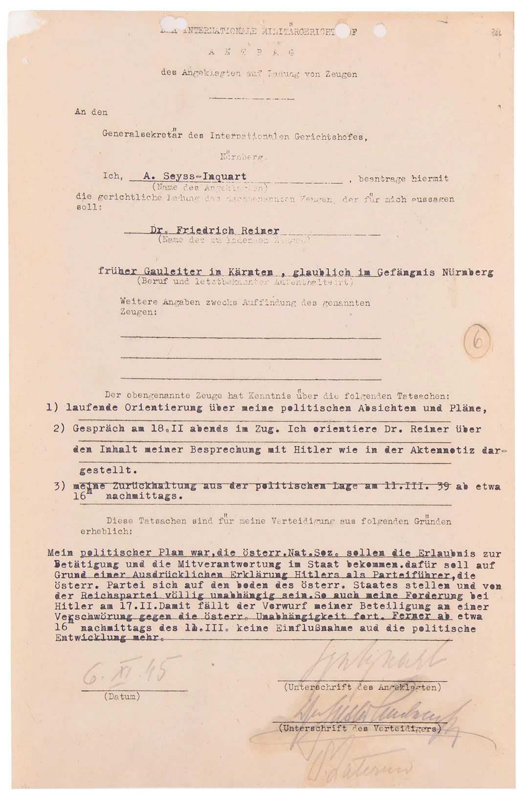 Arthur Seyss-Inquart Document Signed at Nuremberg, Seeking Testimony