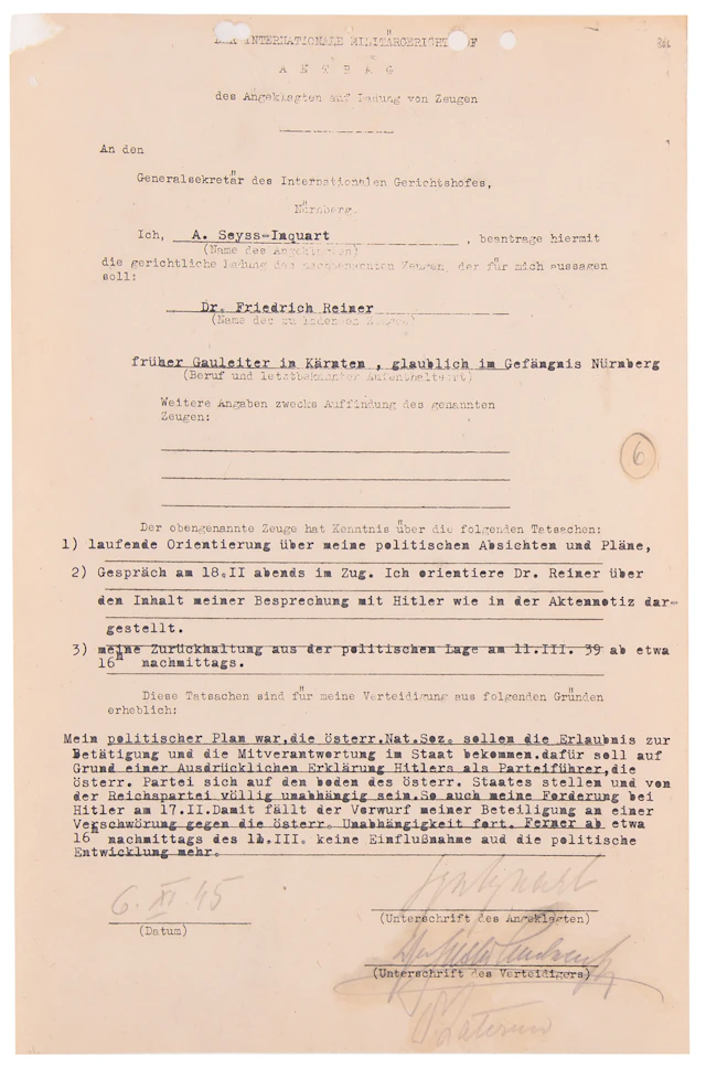 Arthur Seyss-Inquart Document Signed at Nuremberg, Seeking Testimony