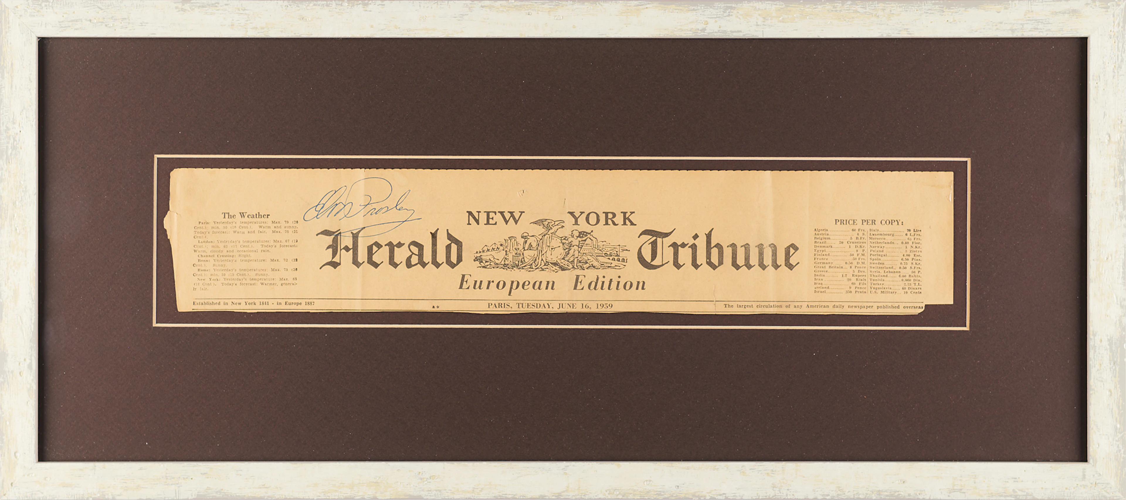 Elvis Presley Signature on a New York Herald Tribune Masthead Obtained