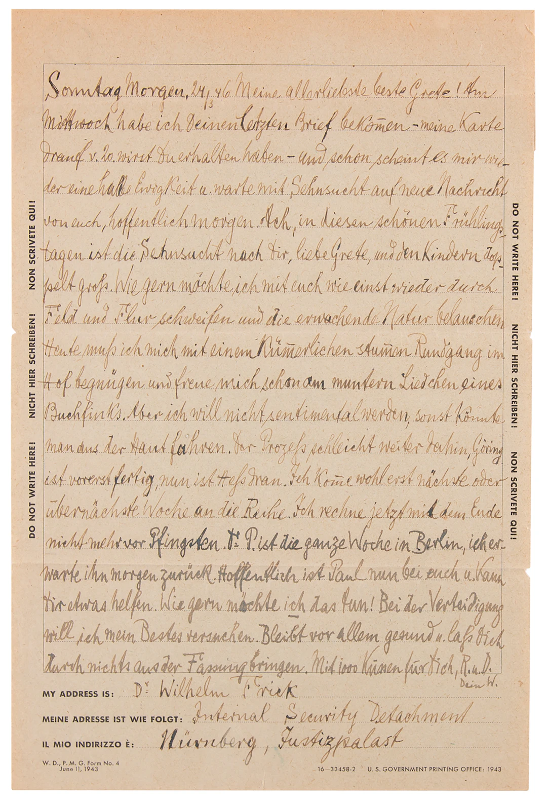 Wilhelm Frick Autograph Letter Signed from Nuremberg Prison to His