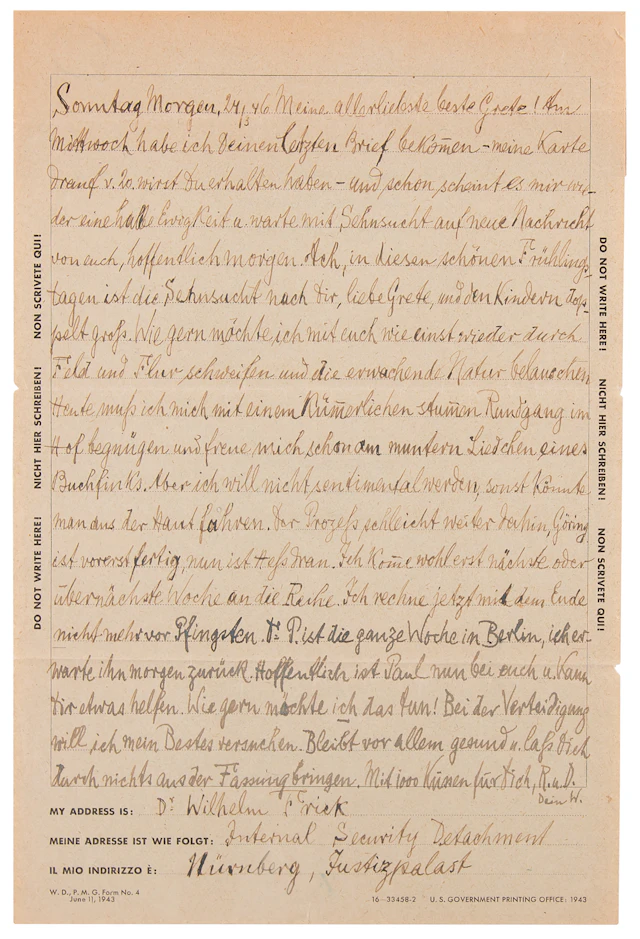 Wilhelm Frick Autograph Letter Signed from Nuremberg Prison to His