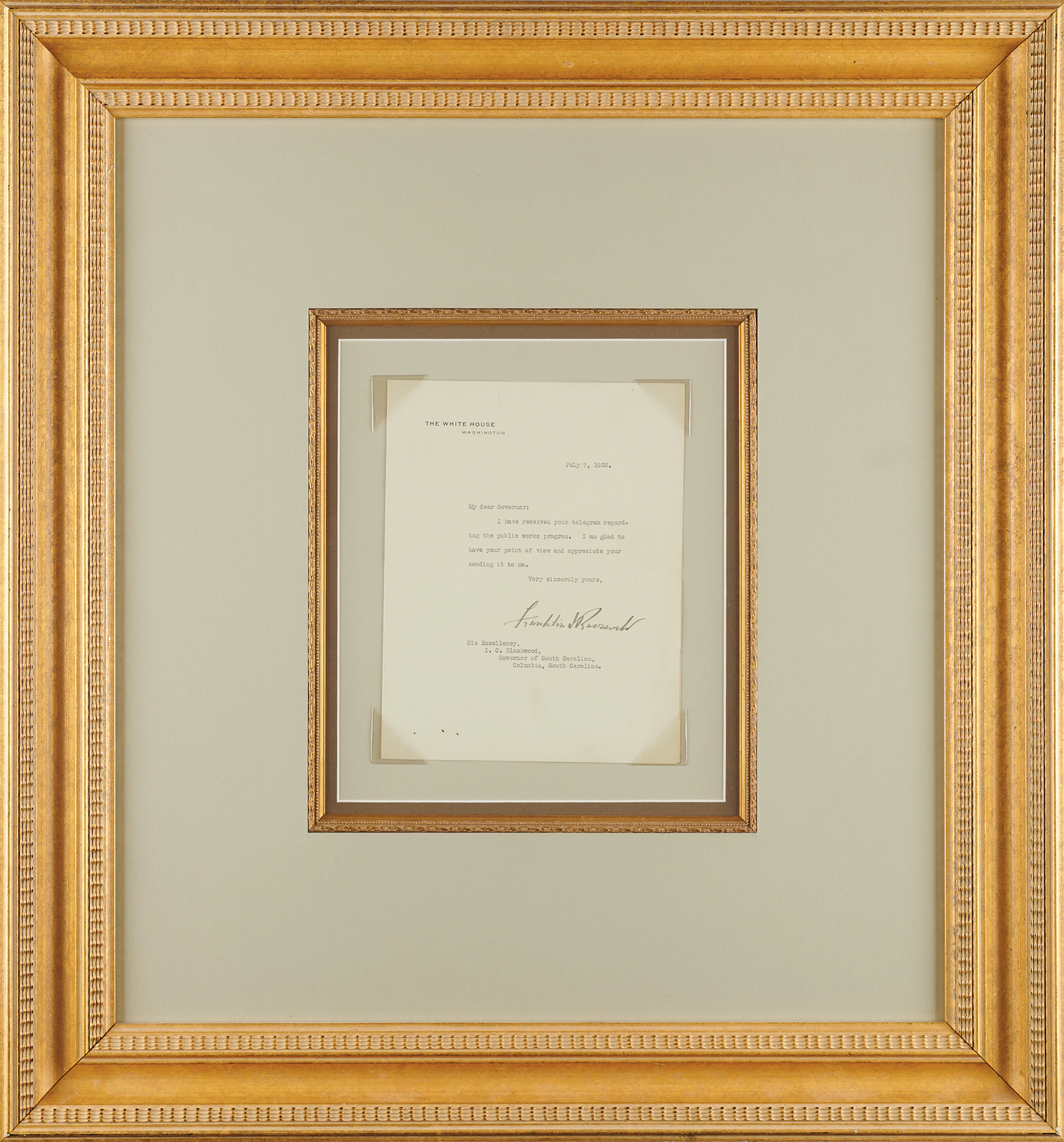 Franklin D. Roosevelt Typed Letter Signed as President to the Governor