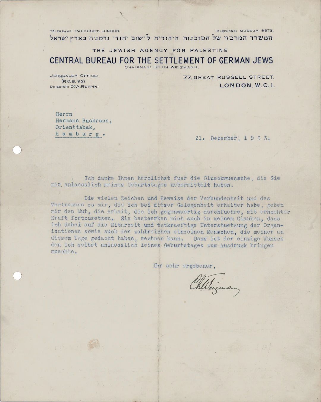 Chaim Weizmann Typed Letter Signed