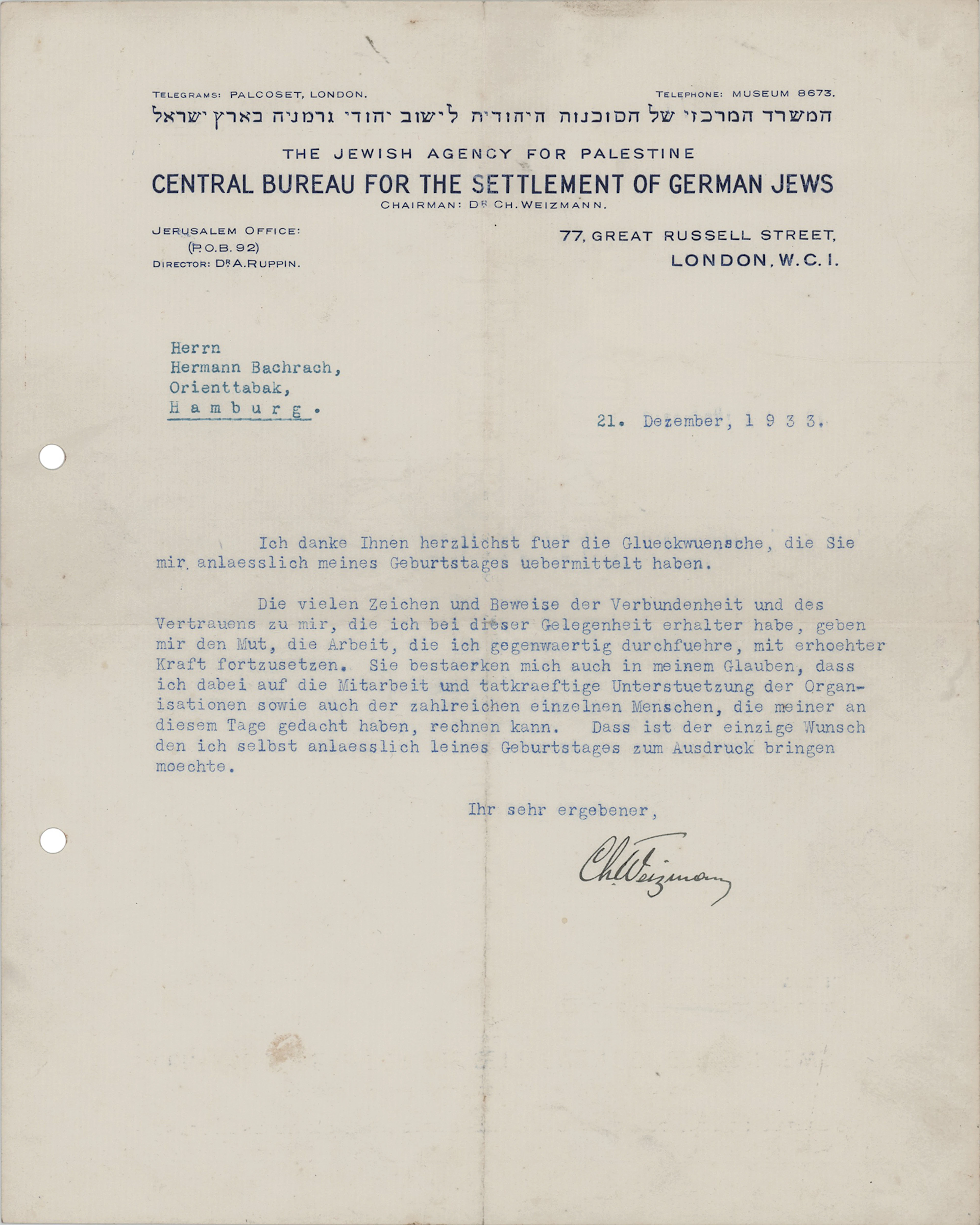 Chaim Weizmann Typed Letter Signed