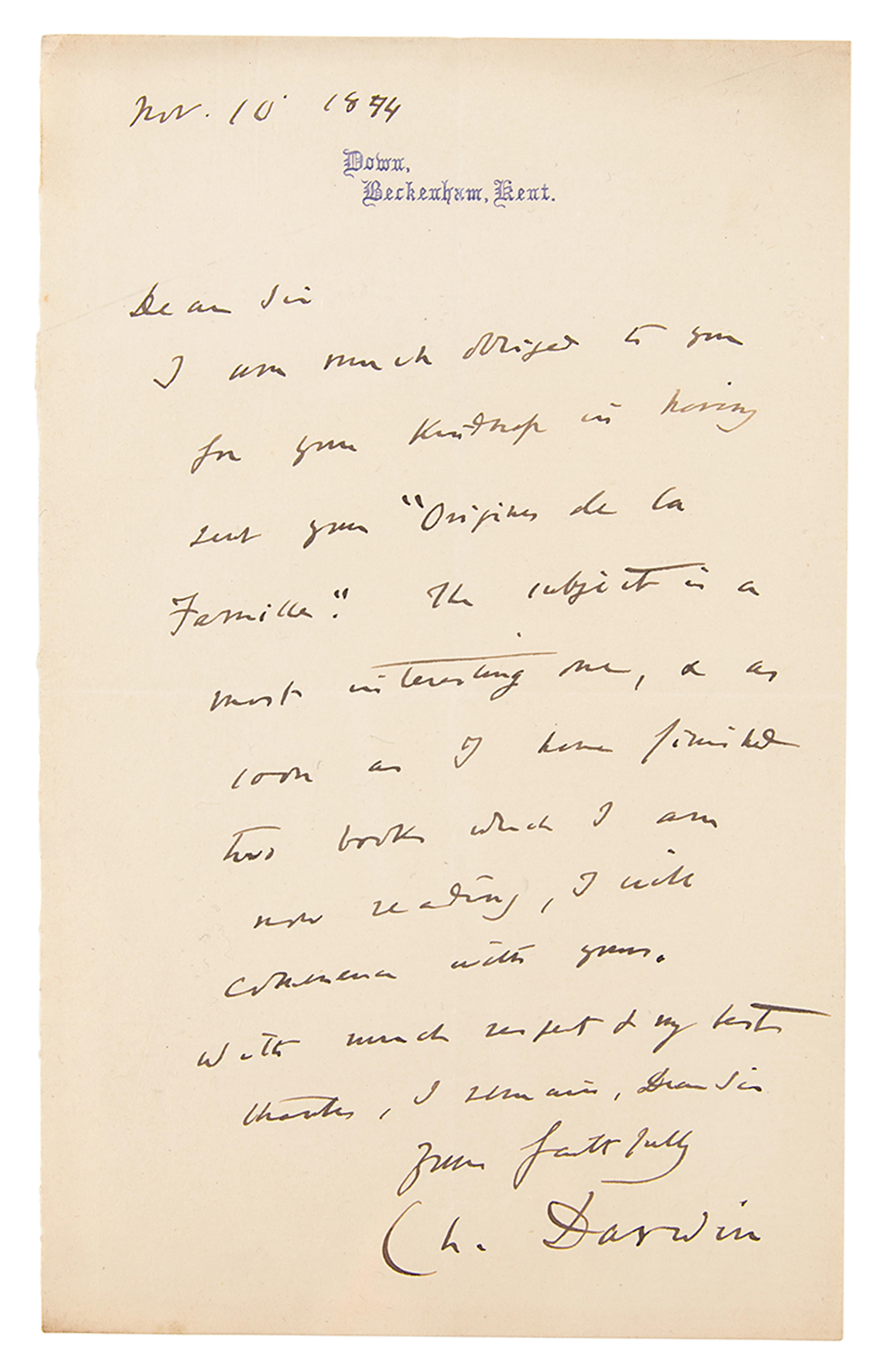 Charles Darwin Autograph Letter Signed on 'Origins of the Family'