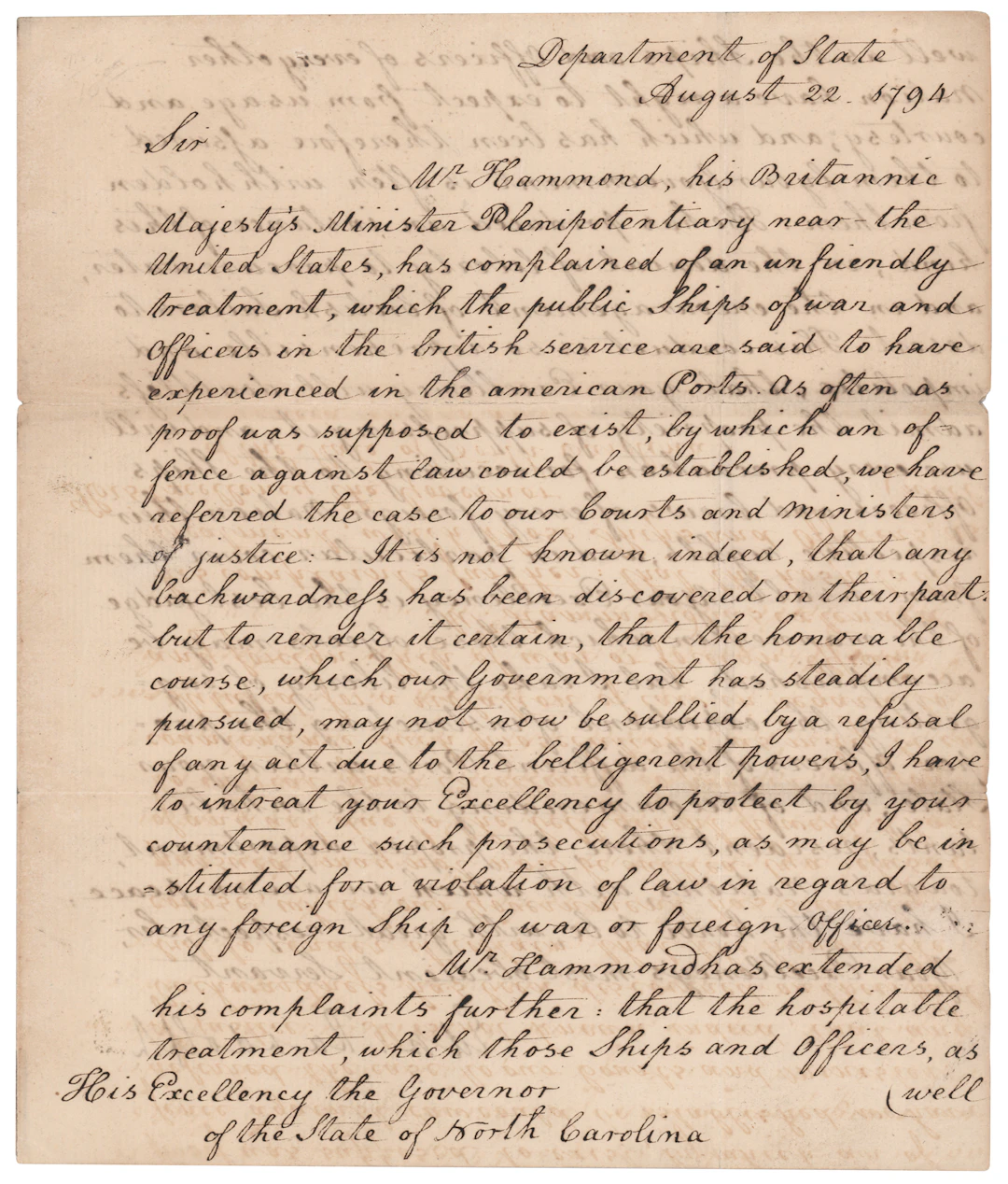 Edmund Randolph Letter Signed as Secretary of State on British Naval