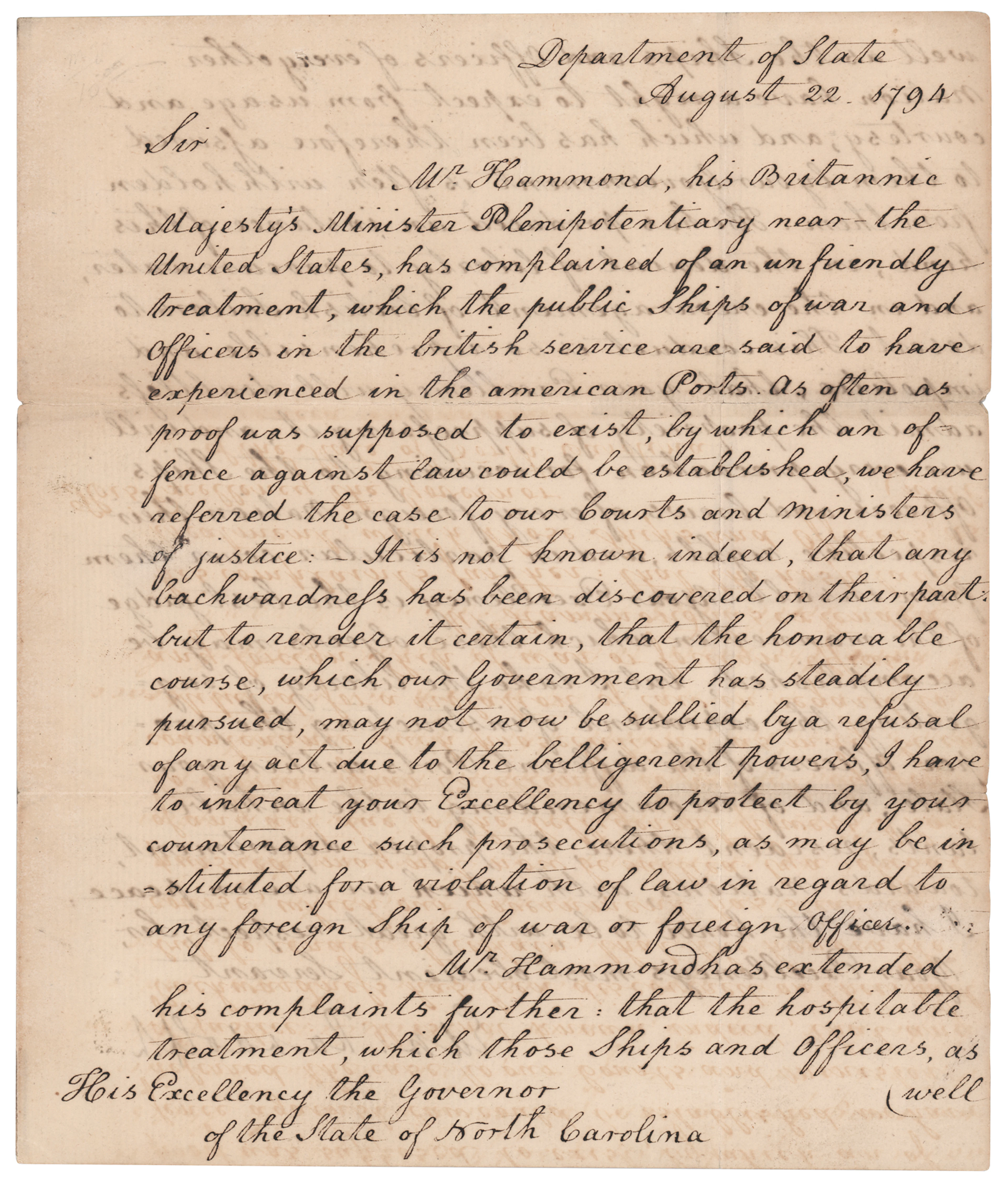 Edmund Randolph Letter Signed as Secretary of State on British Naval