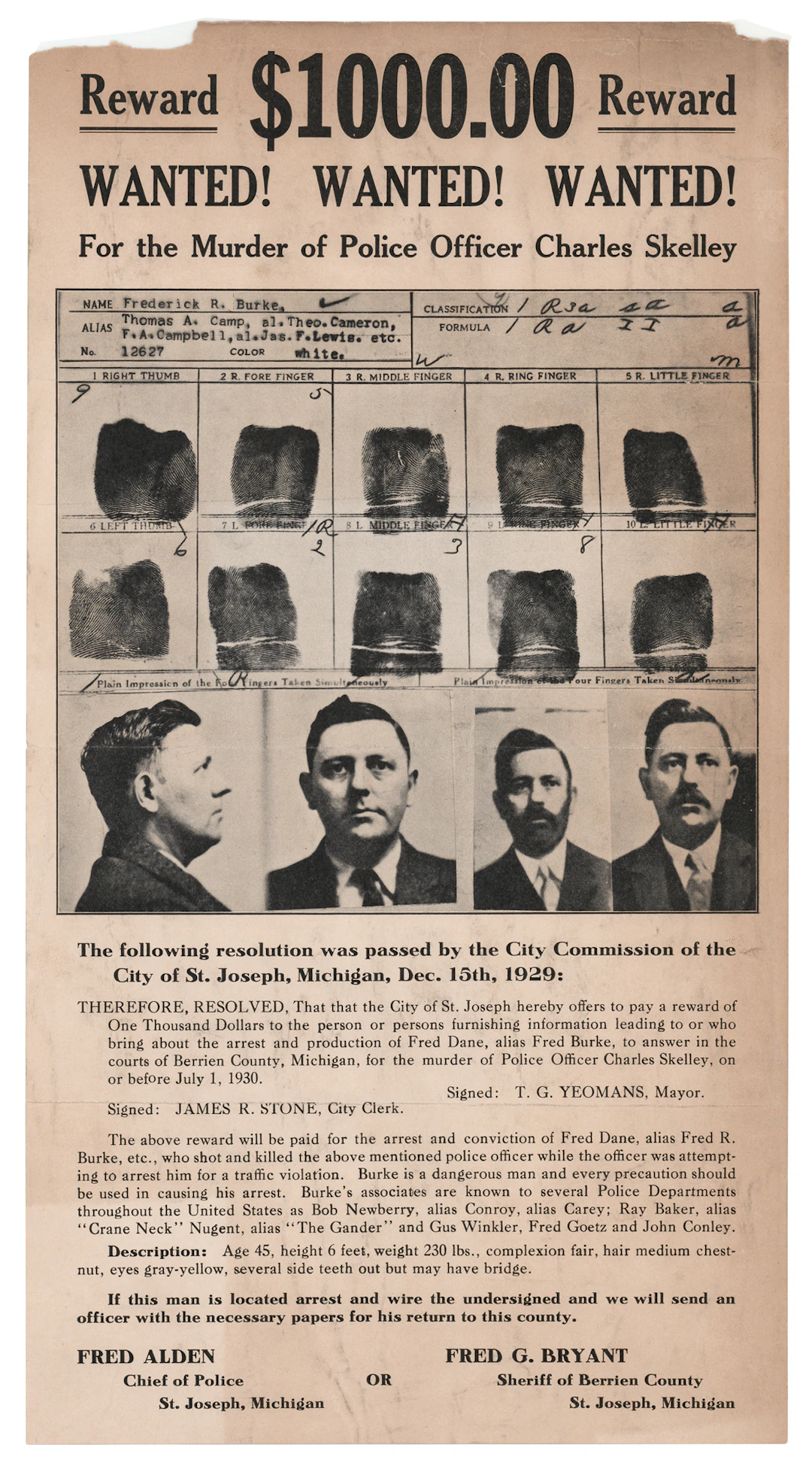 Fred Burke Original 1929 $1,000 Reward Wanted Poster for the Murder