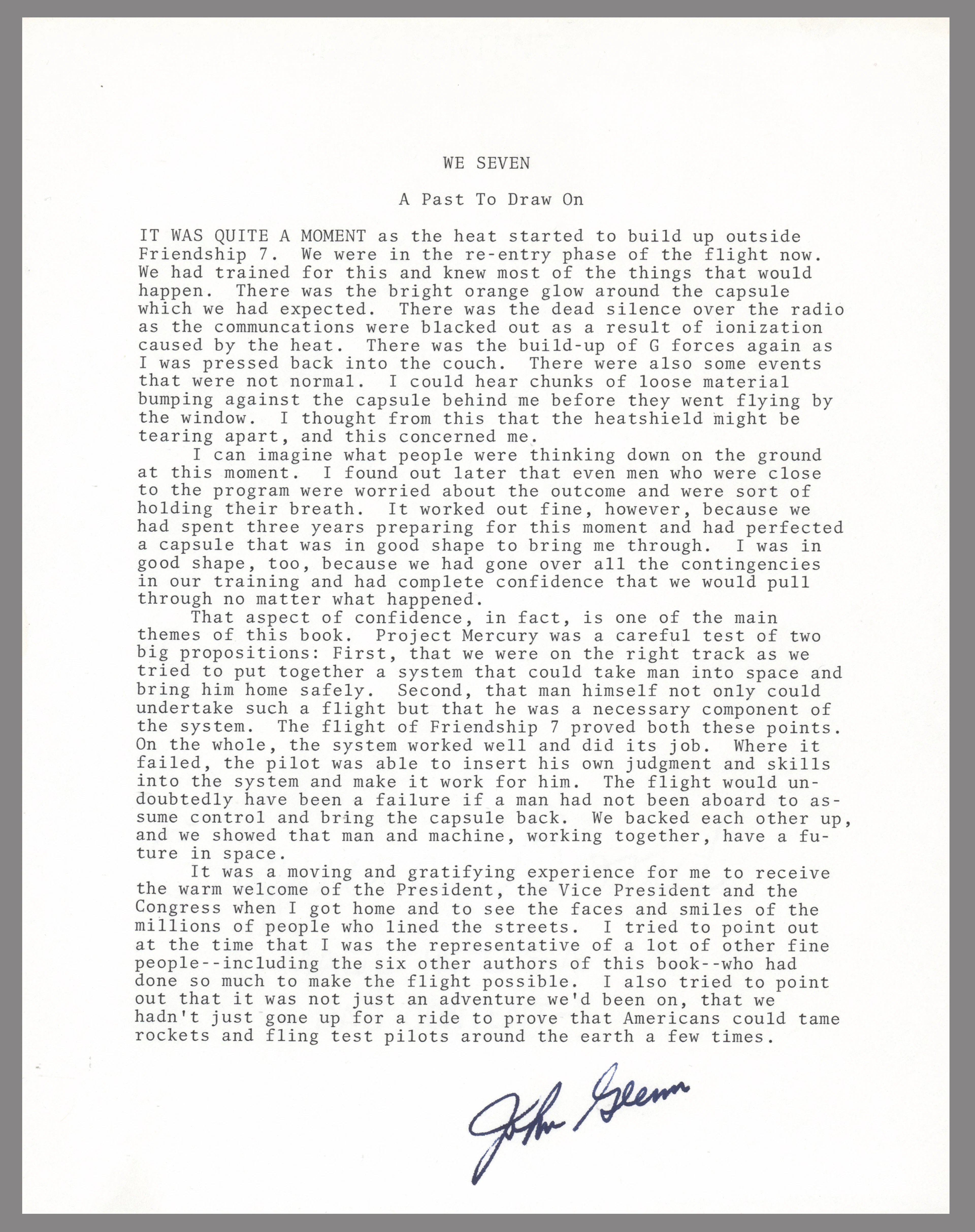 John Glenn Signed Souvenir Typescript - 'We Seven'