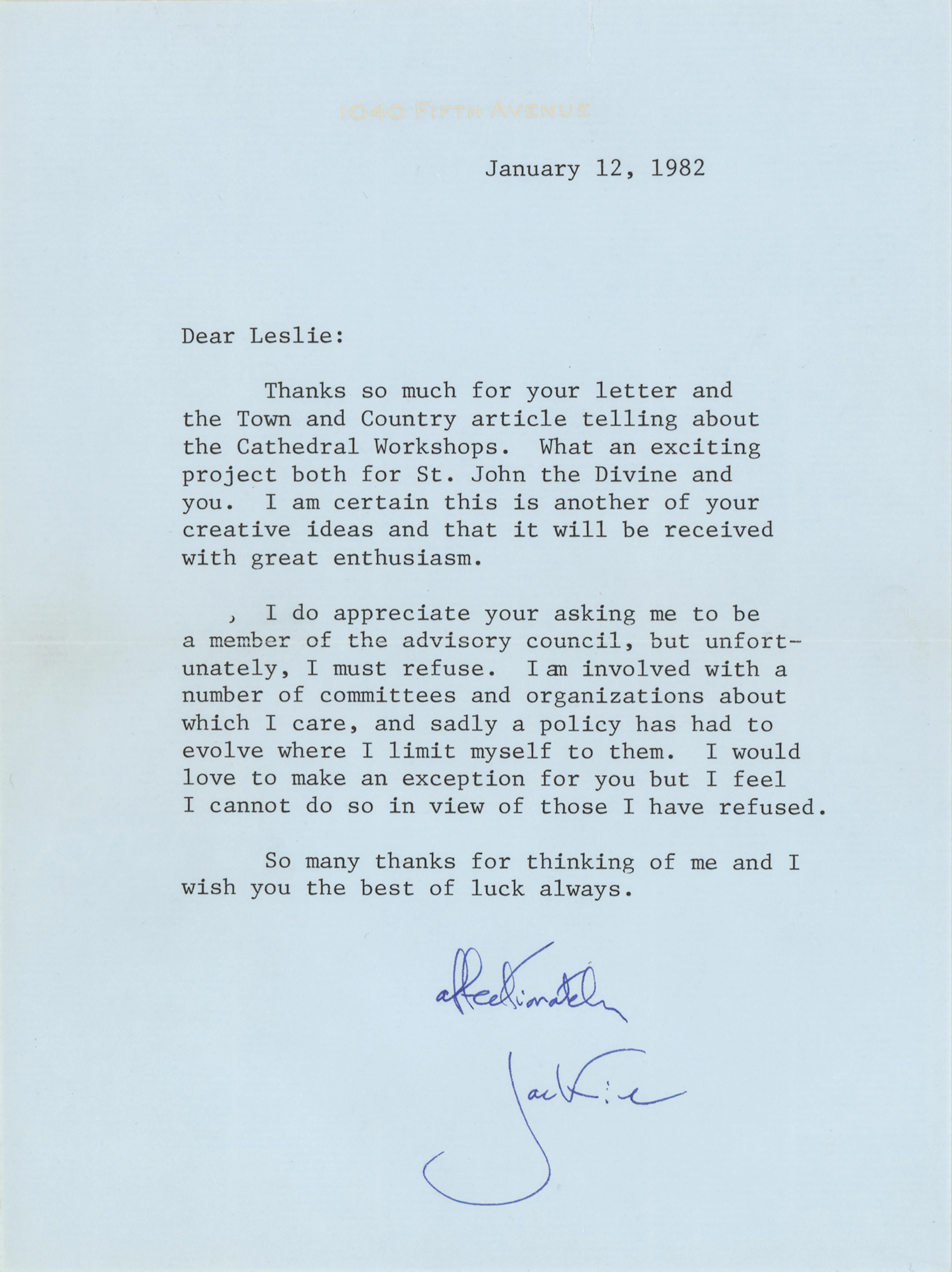 Jacqueline Kennedy Typed Letter Signed to Her Favored Fabric Designer
