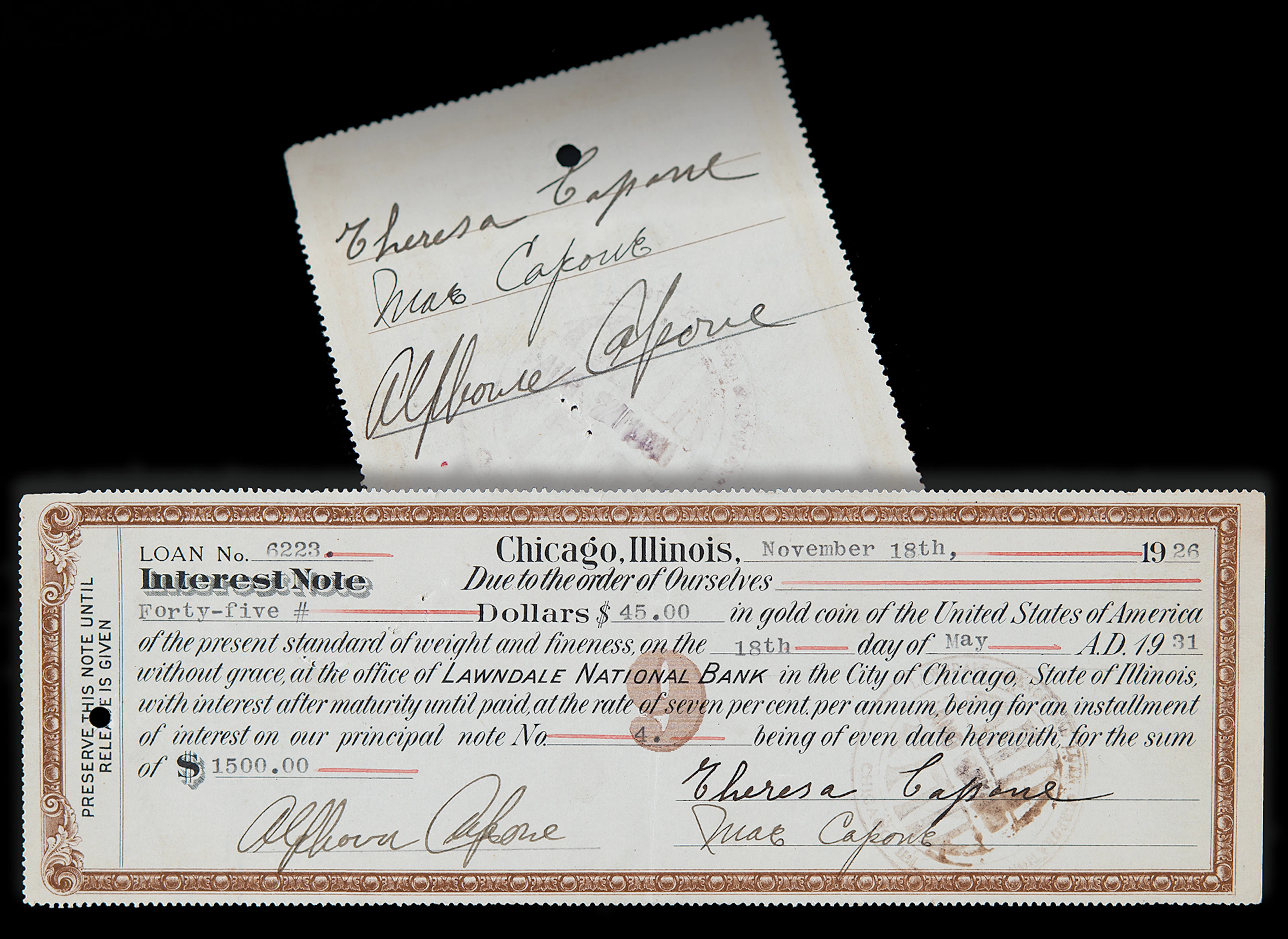 Al Capone and Family Twice-Signed 'Gold Coin' Chicago Bank Document