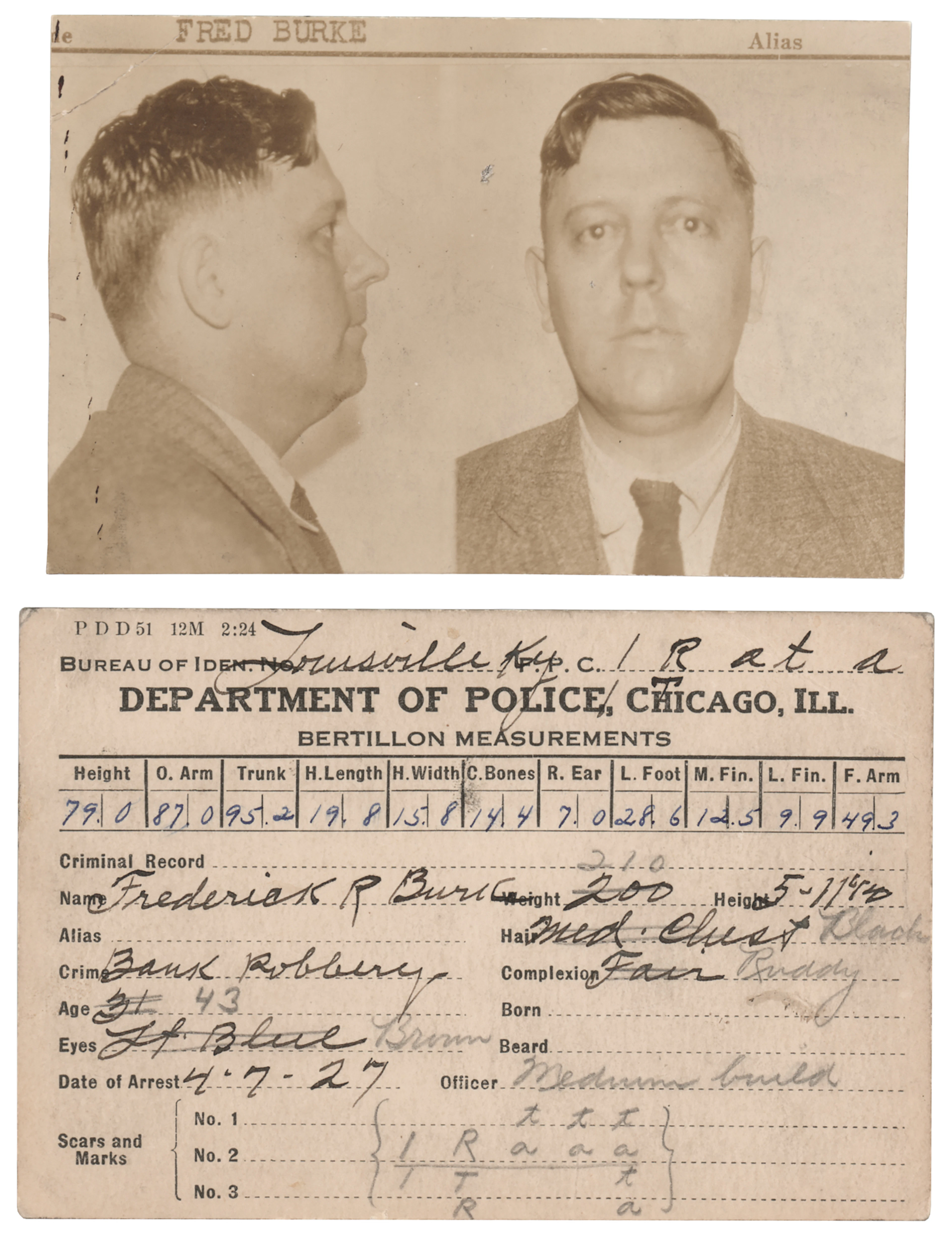 Fred Burke Chicago Police Mug Shot and Bertillon Identification Card (1927)