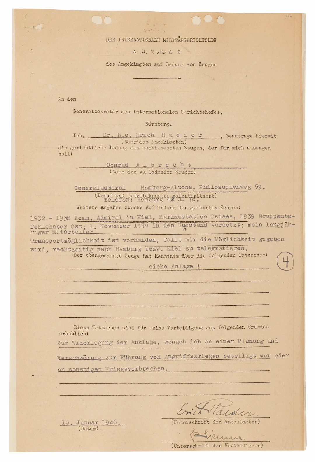 Erich Raeder Document Signed at Nuremberg, Calling a Witness to Refute