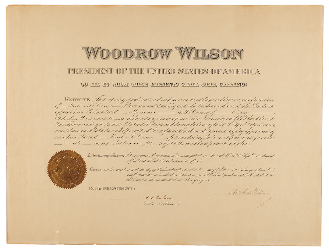Woodrow Wilson Document Signed as President, Appointing a Postmaster