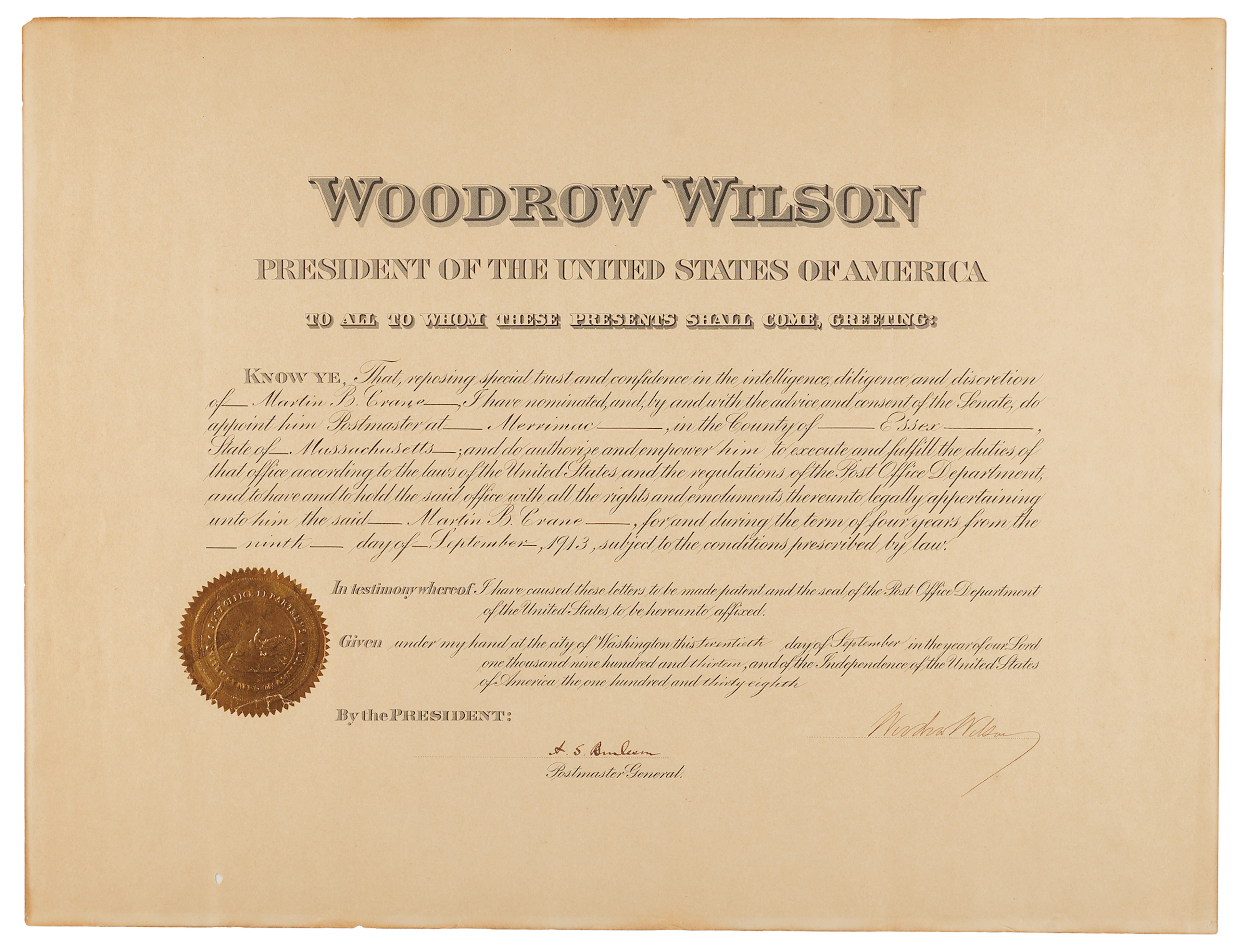 Woodrow Wilson Document Signed as President, Appointing a Postmaster