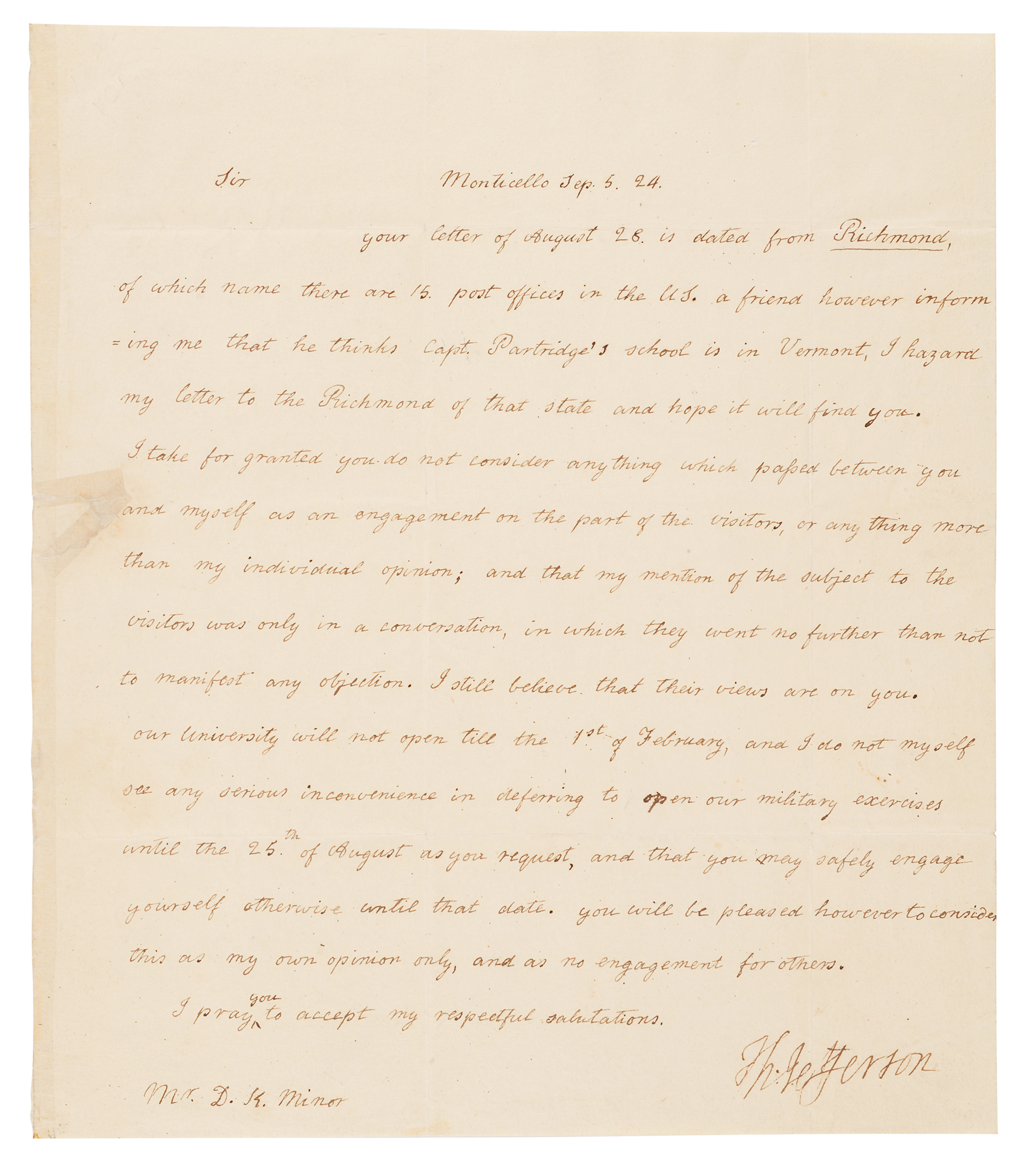 Thomas Jefferson Autograph Letter Signed on Military Instruction at